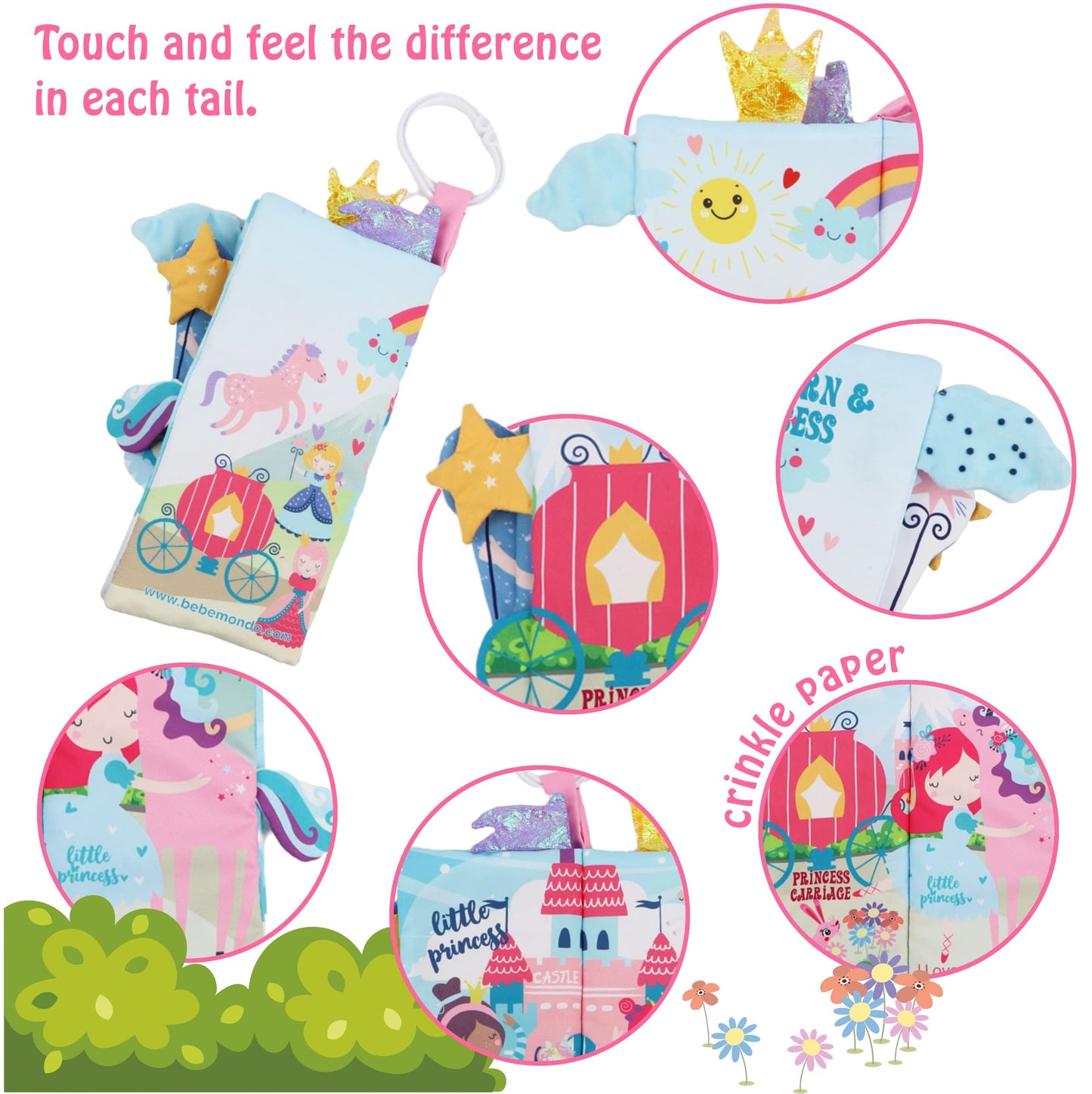 bebe mondo Unicorn Baby Books 0-6 Months Toys 6 to 12 Months, Touch Feel Cloth Crinkle Books for Babies,Infants, Soft Sensory Stroller Toys, Easter Baby Gifts Shower Items, Chweing Book (Princess)