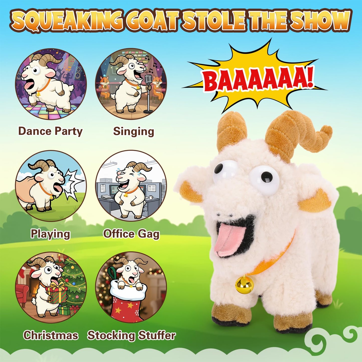 FunisFun Goat Plush with Bell, Goat Stuffed Animal with Funny Screams Sound, Gag Gift for Adults Friends and Coworkers Desk Toy