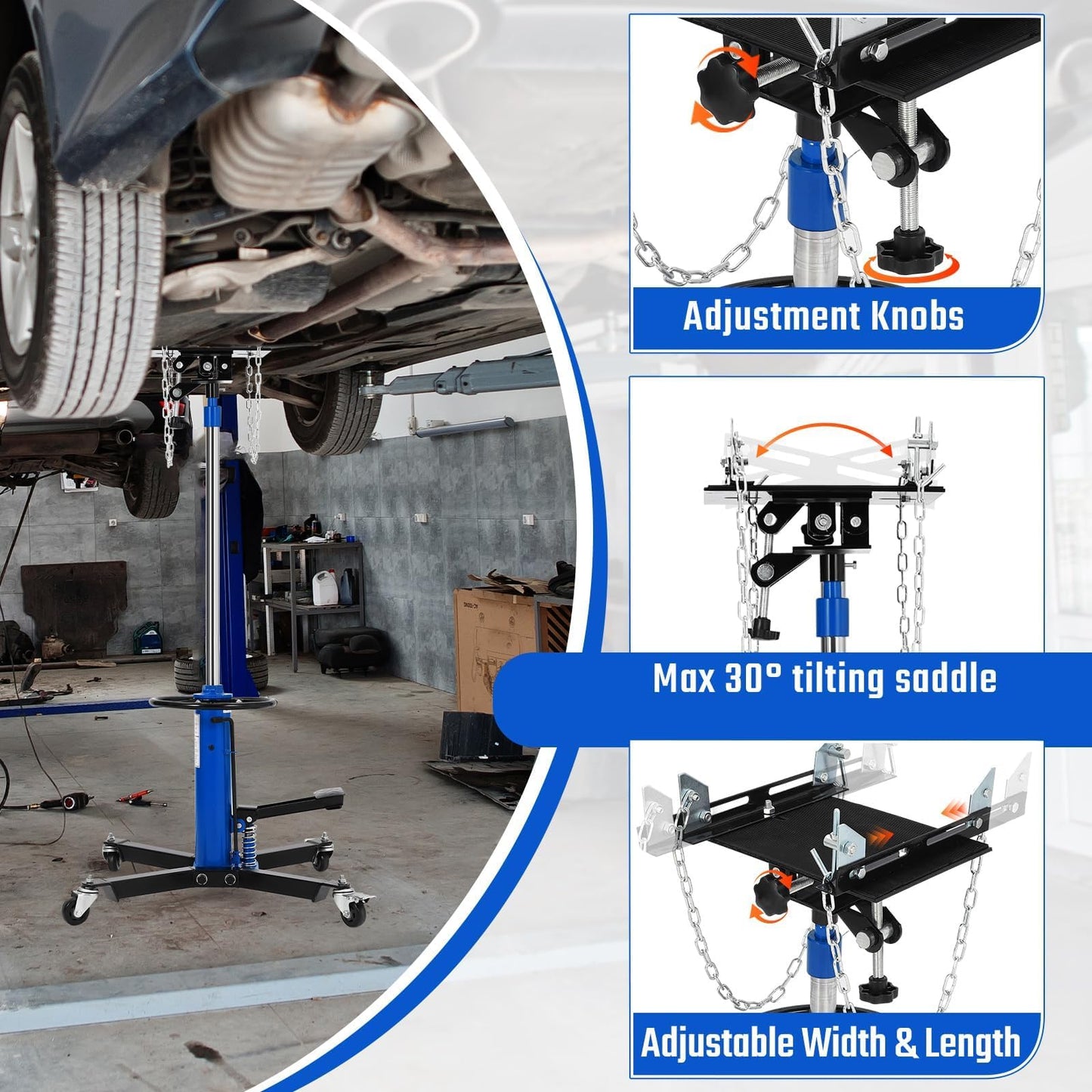 Transmission Jack, 1322 LBS/0.6 Ton Heavy Duty Hydraulic Telescoping Stand, 34"-68" High Lift Transmission Jack Stand, Foot Pedal, 360° Swivel Wheels, for Garage & Shop, Blue