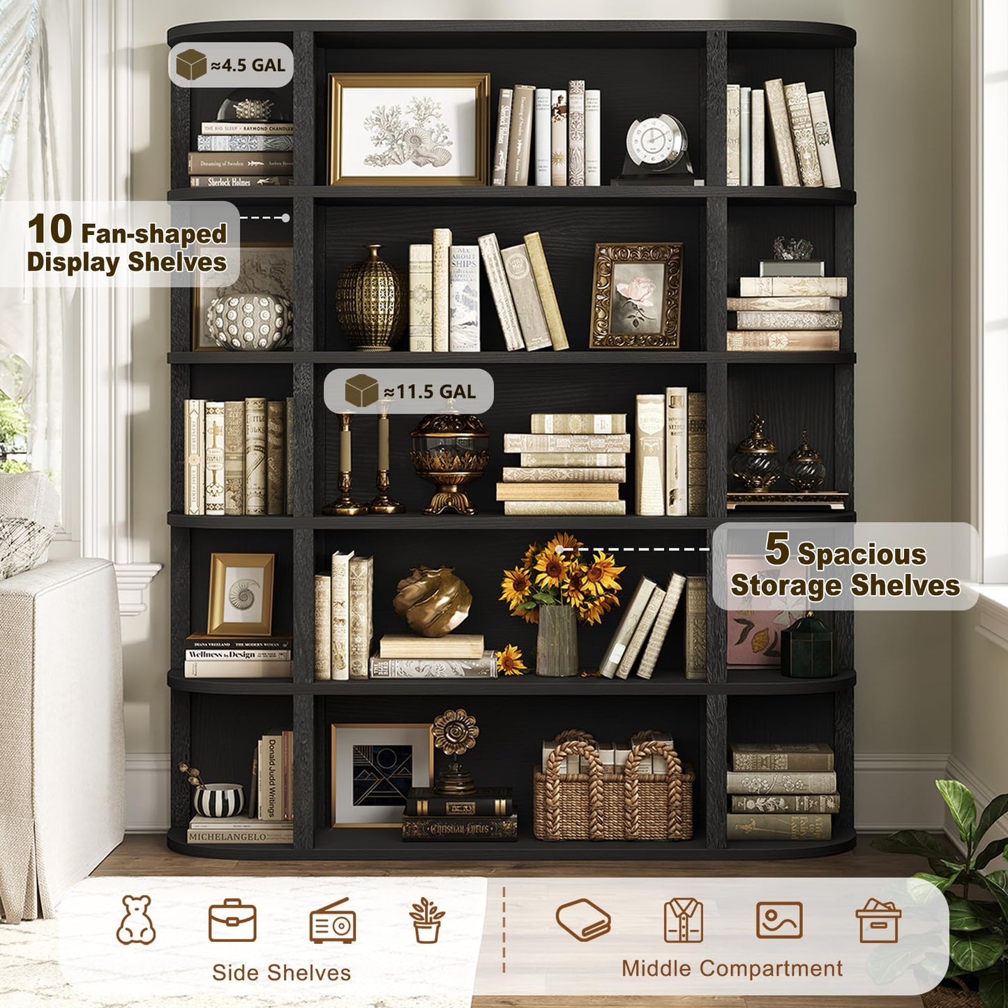 TVU 5-Tier Wood Book Shelf, 47" Wide Large Bookshelf and Bookcase, 62" Tall Bookshelf with Curved Side Shelves, Freestanding Wood Display Book Shelves for Living Room, Home Office, Black