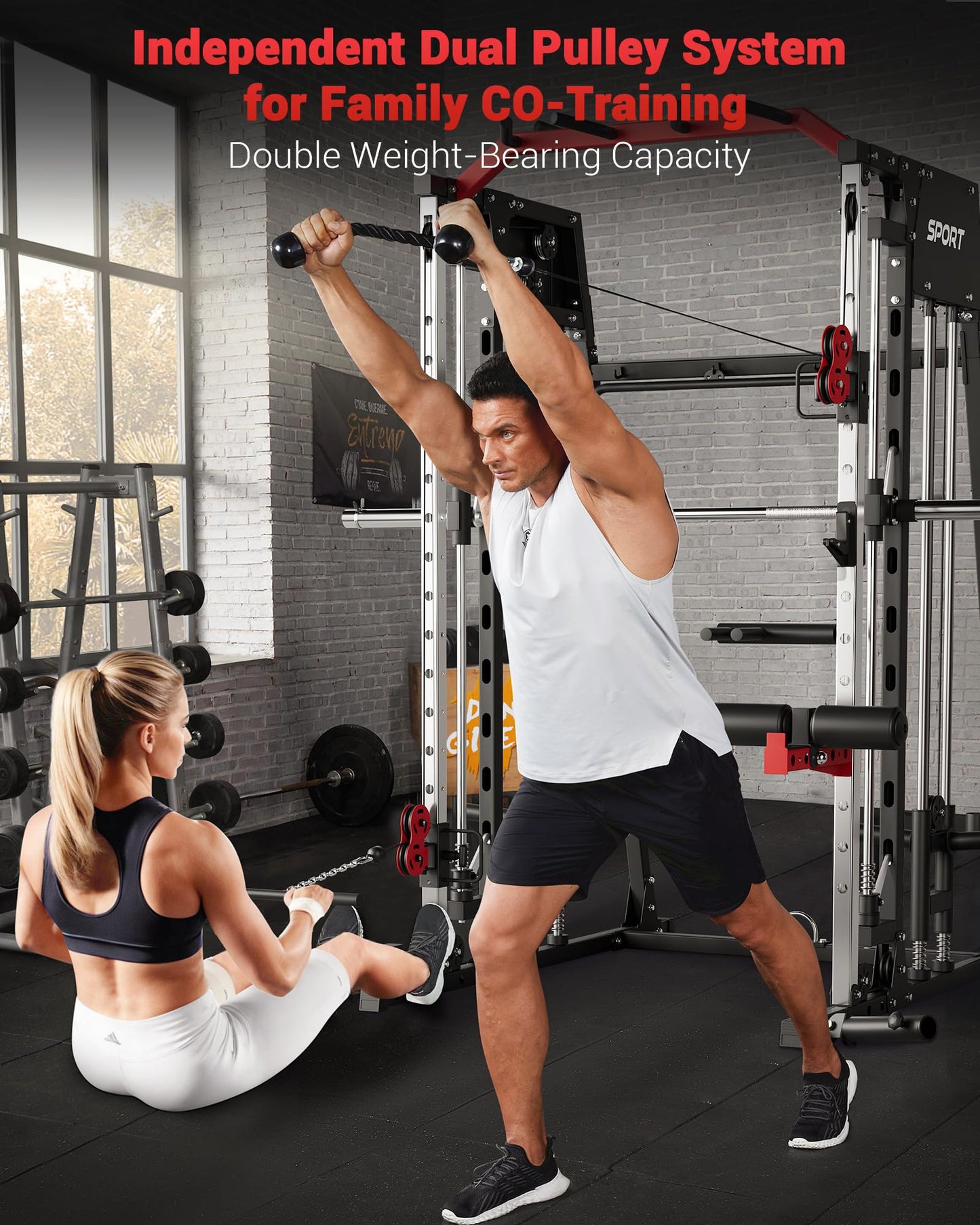 GarveeLife Smith Machine Home Gym All in One, 2200 LBS Squat Rack Power Cage with Smith Bar, LAT Pull-Down, Cable Systems, Leg Hold-Down and More Attachments, Workout Equipment (Red Black)