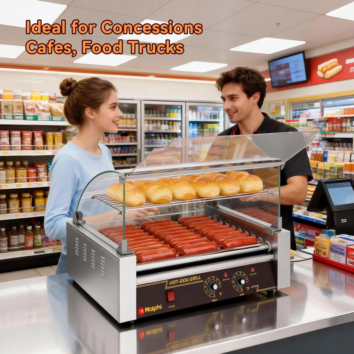 Malphi Hot Dog Roller Grill, 11 Roller with Dual Temperature Control, Stainless Steel Hot Dog Machine with Glass Cover & Bun Warmer, 1650W Commercial Hot Dog Cooker for 30 Hot Dogs.ETL Certified