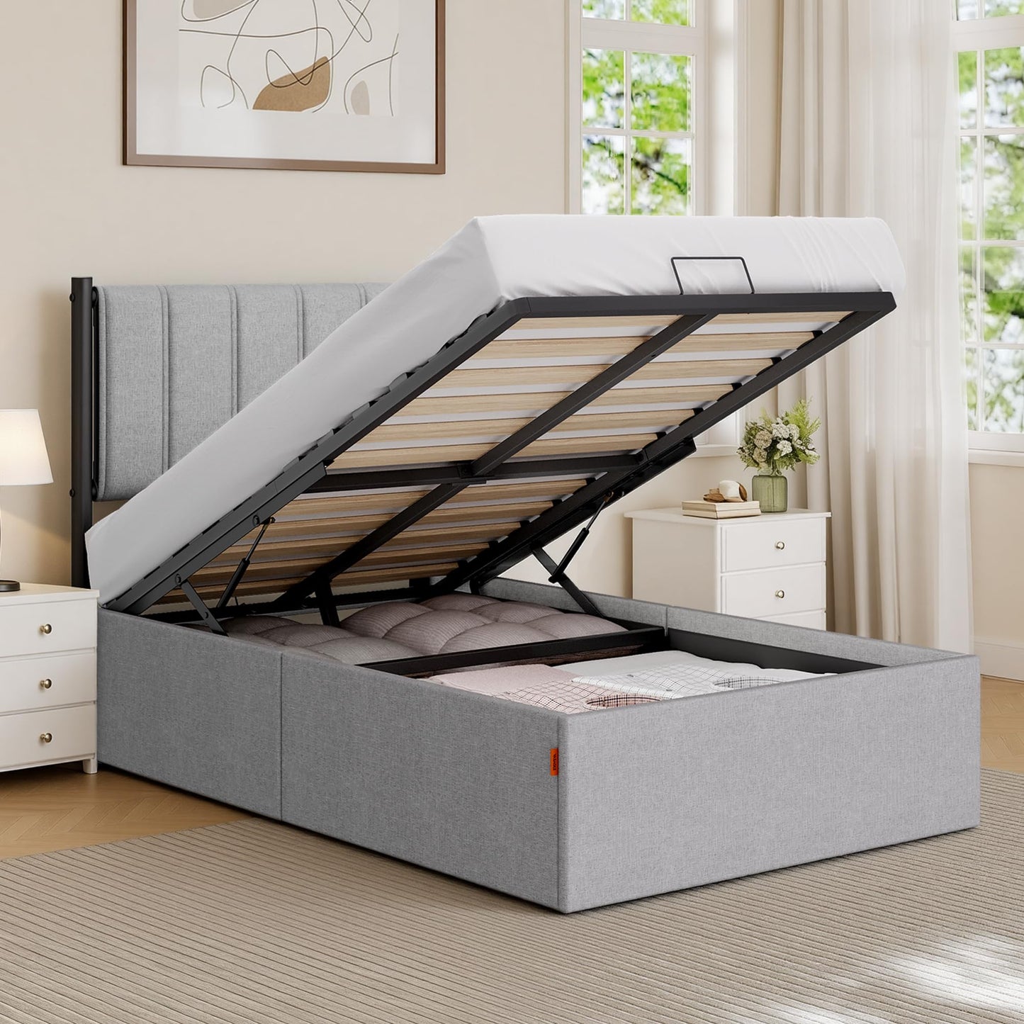 VASAGLE Lift Up Storage Bed Frame Twin Size, Hydraulic Platform Bed, with Upholstered Headboard, 550 lb Weight Capacity, No Box Spring Needed, Easy Assembly, Modern, Dove Gray URMB603G01