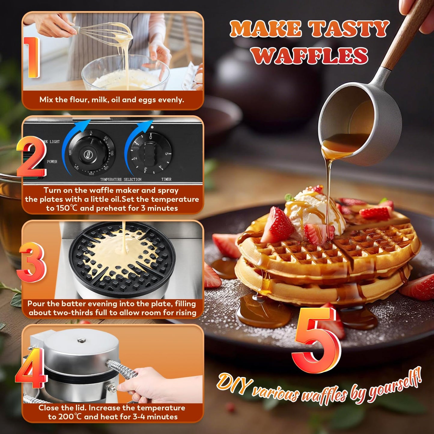 Moongiantgo Commercial Waffle Maker, 2000W Non-Stick Double Head Belgian Waffle Maker Waffle Iron Stainless Steel with Temp & Timer Control, Electric Baker Machine for Home Kitchen Food Trucks, 110V