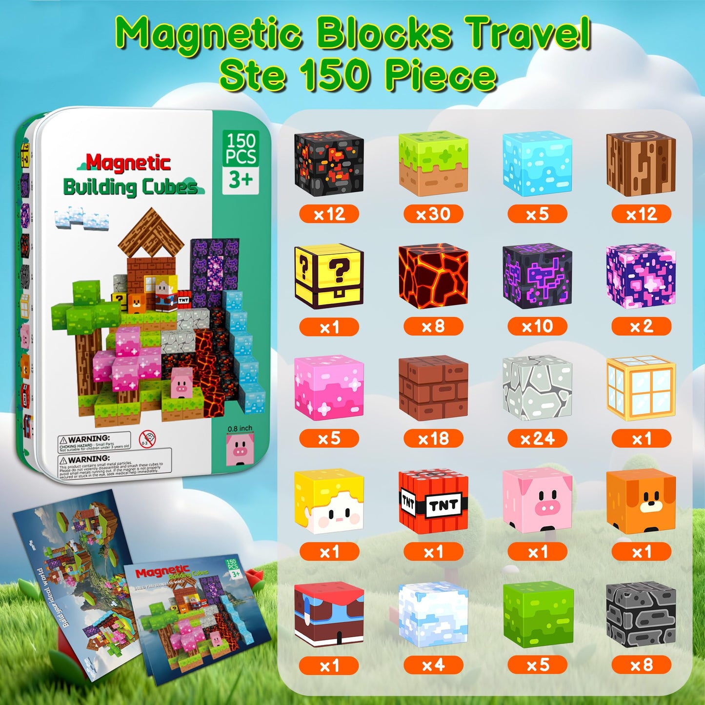 iLacven Magnetic Blocks Travel Magnetic Building Blocks Cubes - 150 PCS Tin Box Magnet Toys Set STEM Educational for Kids Ages 4-8 6-8 8-12 Year Old Boys Girls Gifts Birthday Christmas
