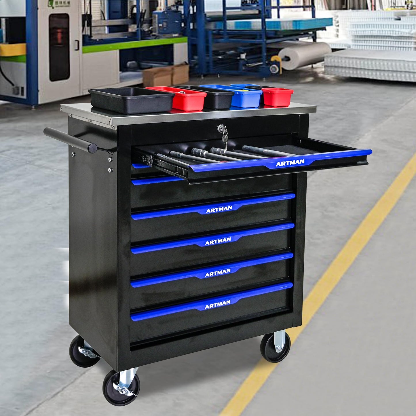 7-Drawer Heavy-Duty Rolling Steel Tool Cart with Handle&Wheels, Metal Storage Organizer Cabinet, Tool Chest for Efficient Tool Storage in Garage, Warehouse, Workshop, Repair Shop, Blue