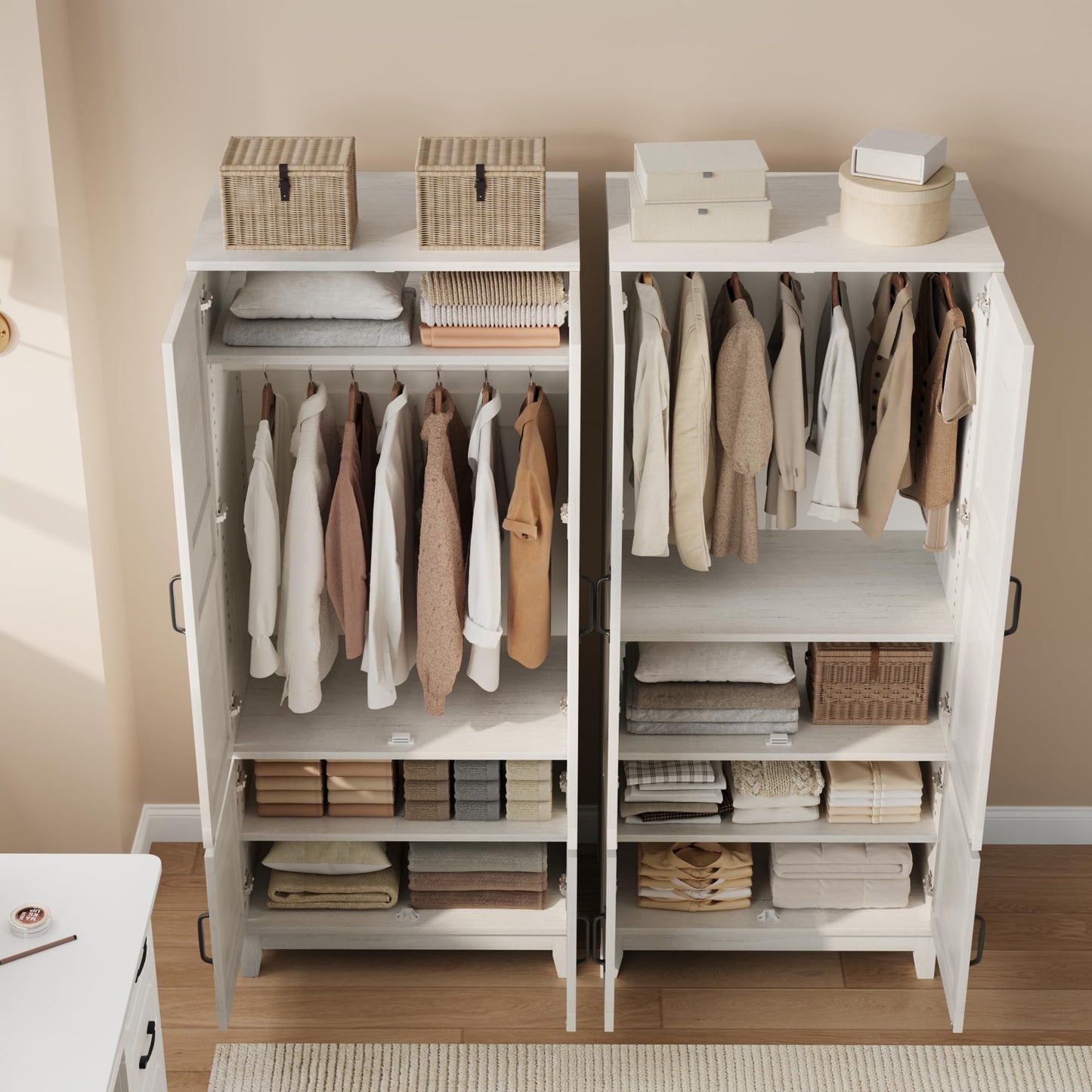 GarveeHome Armoire Wardrobe Closet with 4 Doors, 72 in Wooden Wardrobe Cabinet with Hanging Rod, Freestanding Tall Clothing Armoire Storage Cabinet with Adjustable Shelves for Bedroom, Rustic White