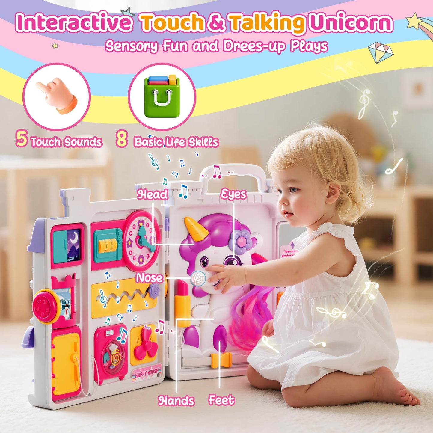 Nicella Busy Board for 1 Year Old Girl Gifts, Montessori Toys for 1 2 Year Old - 56+ Activities Bilingual Music Learning Sensory Toys for Toddlers 1-3 - Birthday Gift for 1+ Year Old Girl Boy