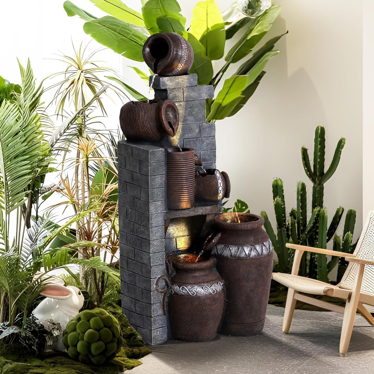 Dephet 6-Tiers Garden Waterfall Fountain Outdoor - 40''H Water Fountains and Waterfalls, Large Outdoor/Indoor Floor Standing Resin Water Fountain with LED Light for Patio, Garden and Home (Grey)