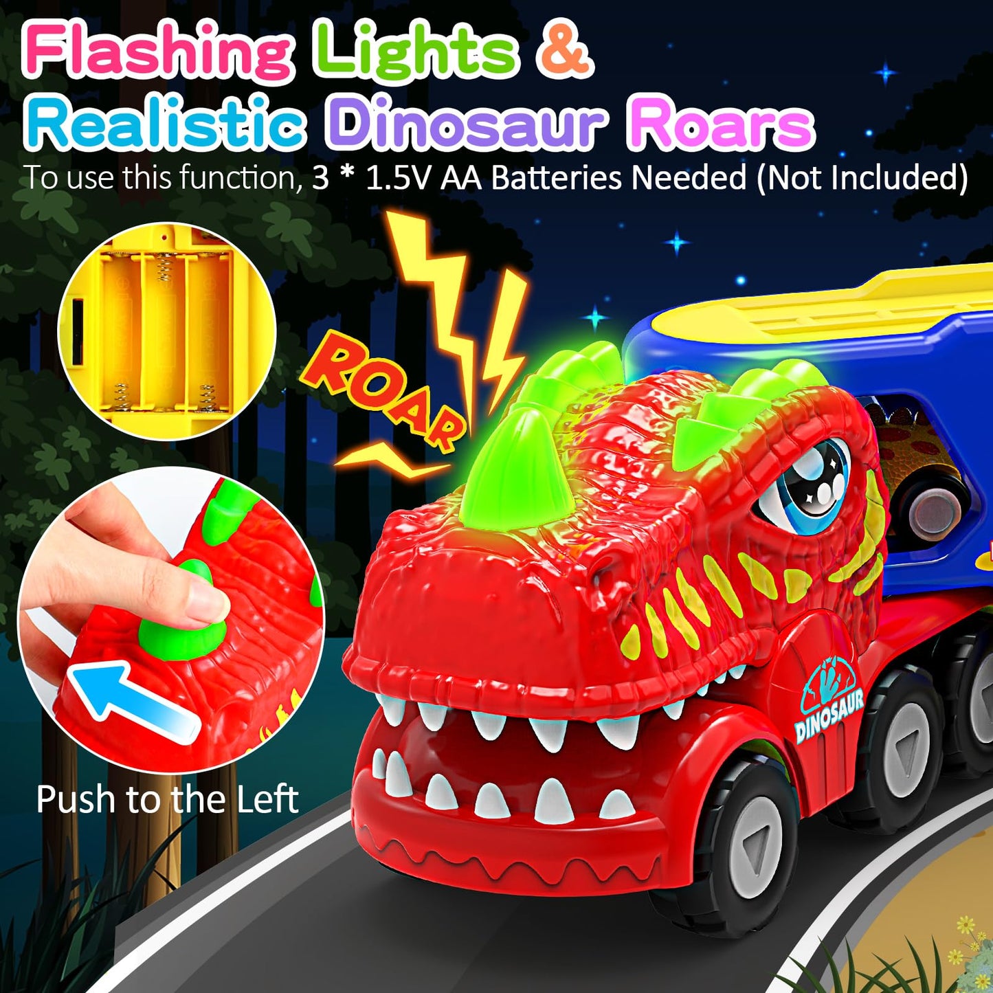 ENJSD Toys for 1 2 3 4 Year Old Boys, 5 in 1 Toys for Ages 2-4 with 4 Dinosaur Toy for Kids 3-5, Friction Powered Kids Boy Toddler Gifts with Flashing Light & Sound