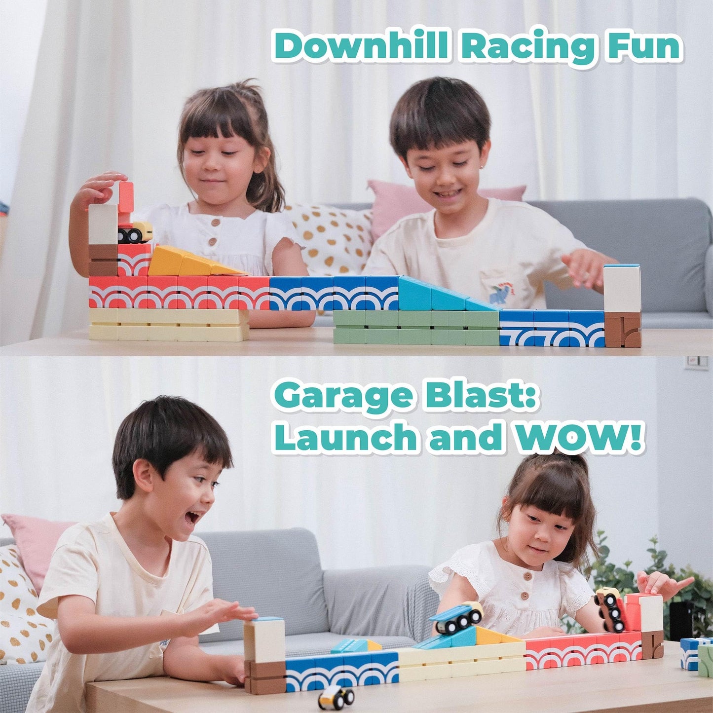 QBI Magnetic Blocks Play Starter Set – STEM Construction Toys & Race Car Track for Kids Ages 3-5+｜Educational Magnet Building Tiles with 2 Ramps & 4 Vehicles｜Montessori Gift for Boys & Girls (36 Pcs)