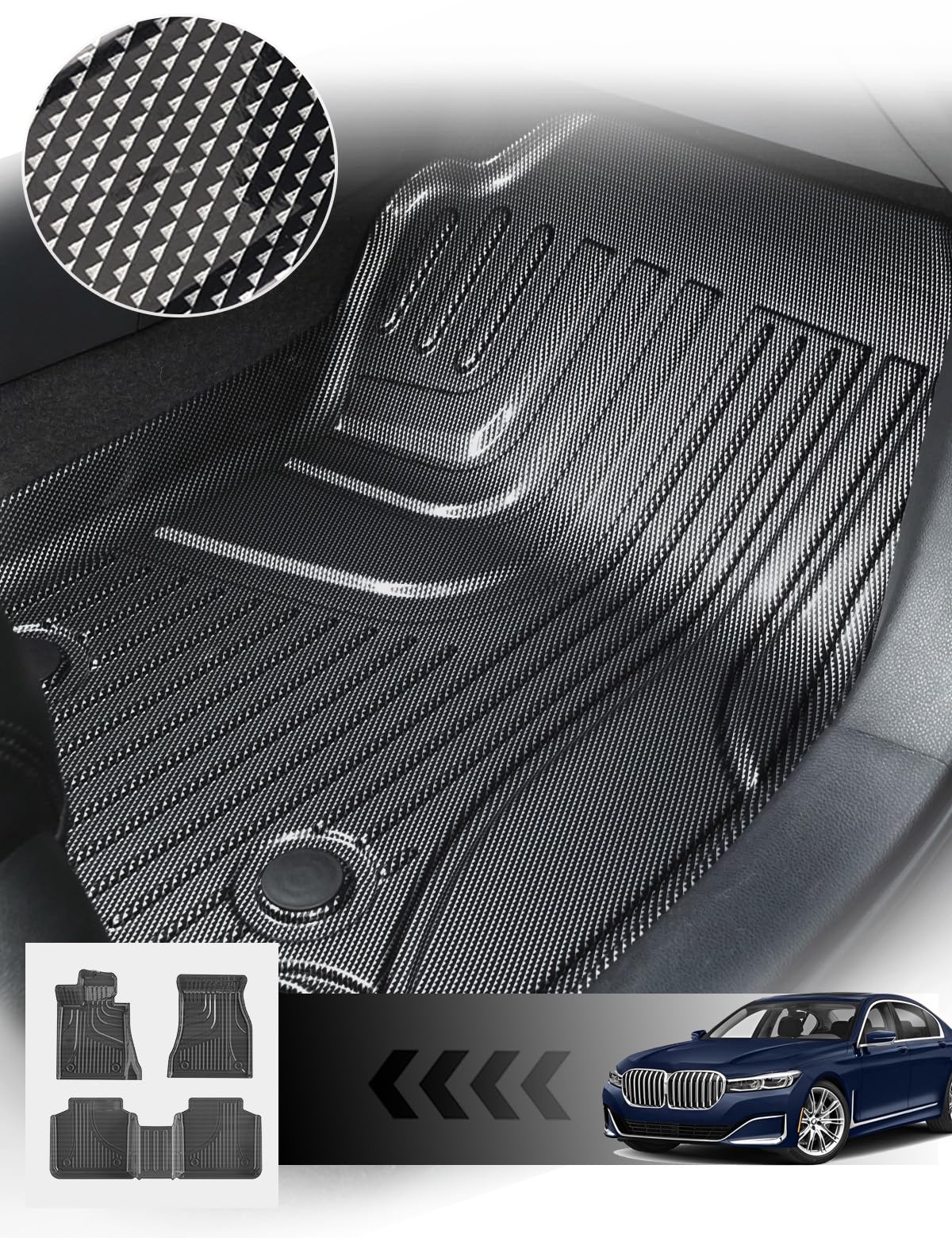 Floor Mats Fit for 2016-2022 BMW 7 Series (G12): 740i, 750i, M760i, 740e, 745e, Alpina B7 (Without Rear Executive Seats), Carbon Fiber Pattern 2 Row Custom Fit 3D Car Mats Luxury All Weather Guard