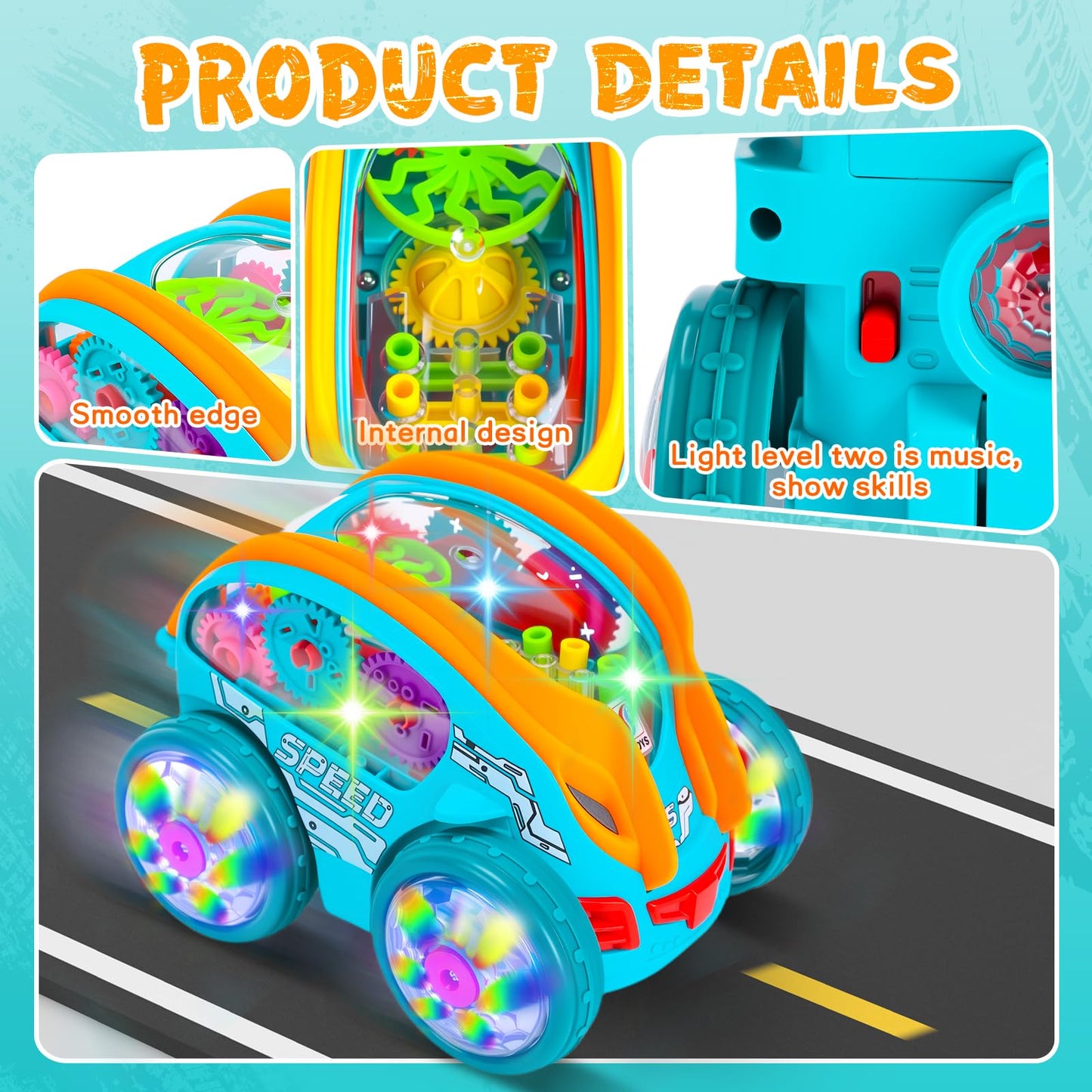 Light Up Transparent Sensory Car Toy - 360° Standing Rotation Roll Stunt Car, Bump and Go Toy Cars with Colorful Moving Gears & Music, Educational Toys for Toddlers, Best Gifts for Kids 1 2 3 4 Years