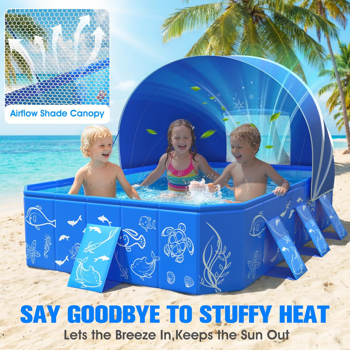 2026 Kiddie Pool with Canopy,Baby Swimming Pool for Toddler,Non-Inflatable Portable Pool for Kids,Foldable Toddler Pool with Shade,Kiddie Pool for Backyard,Pop Up Baby Beach Pool 53''×40''×33''