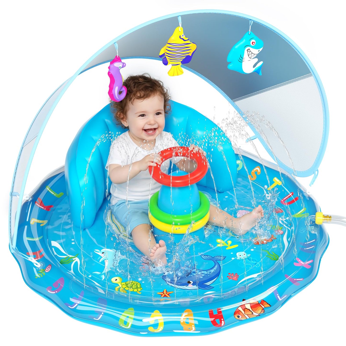 Qmioti Baby Splash Pad with Canopy, Inflatable Baby Pool with Sprinkler, Stackable Rings & Hanging Toys, Water Sprinkler for Kids, Summer Outdoor Water Play Toys for Baby Toddlers