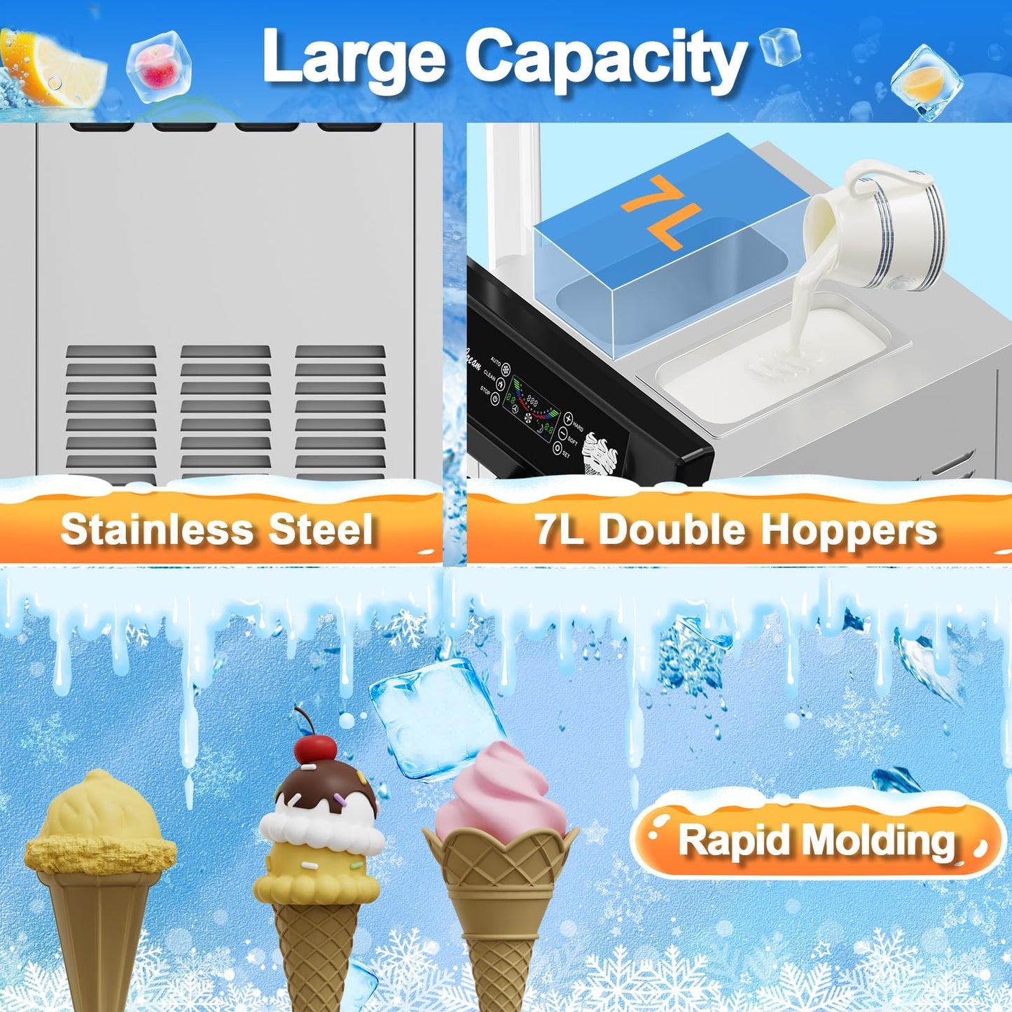 Commercial Ice Cream Machine 1+2 Flavor 2200W, 5.8-8 Gal/Hr Yield Vertical Soft Serve Ice Cream Machine With 2x7L Hopper 3 Dispensers, Auto Clean, LCD Display, for Restaurant Snack Bars Commerical Use