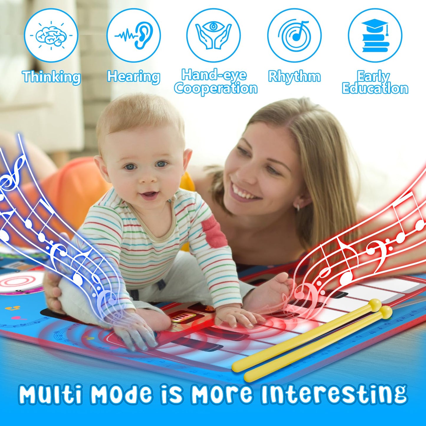 Oripira 2-in-1 Musical Mat Toys for 1 2 3 4 5 Year Old, Piano Keyboard & Drum Set with 2 Drum Sticks, Early Educational Musical Learning Toys Birthday for 1 2 3 4 5 Year Old Boys & Girls, Blue