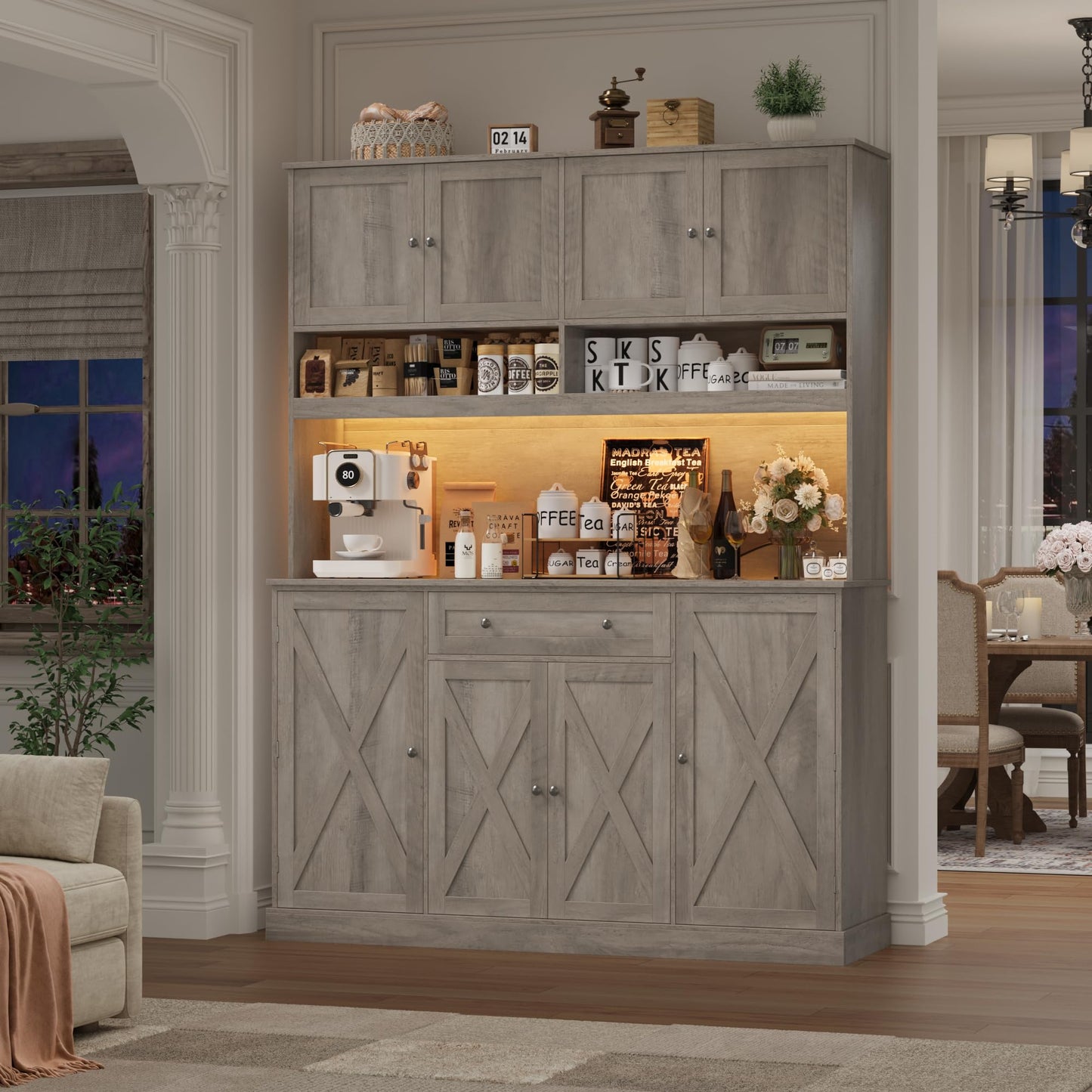 HIFIT 72.8” Tall Kitchen Pantry Cabinet with LED & Charging Station, 55” Wide Farmhouse Pantry Storage Cabinet with Microwave Stand&Shelves&Barn Doors, Kitchen Hutch Coffee Bar for Living Room, Grey