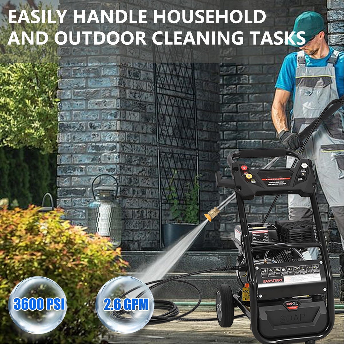 Gas Pressure Washer - 3600 PSI, 2.6 Max GPM, High Pressure Washer with 4 Quick Connect Nozzles & Soap Nozzle, Ideal for Cars, Fences, Driveways, Homes, Patios, and Furniture