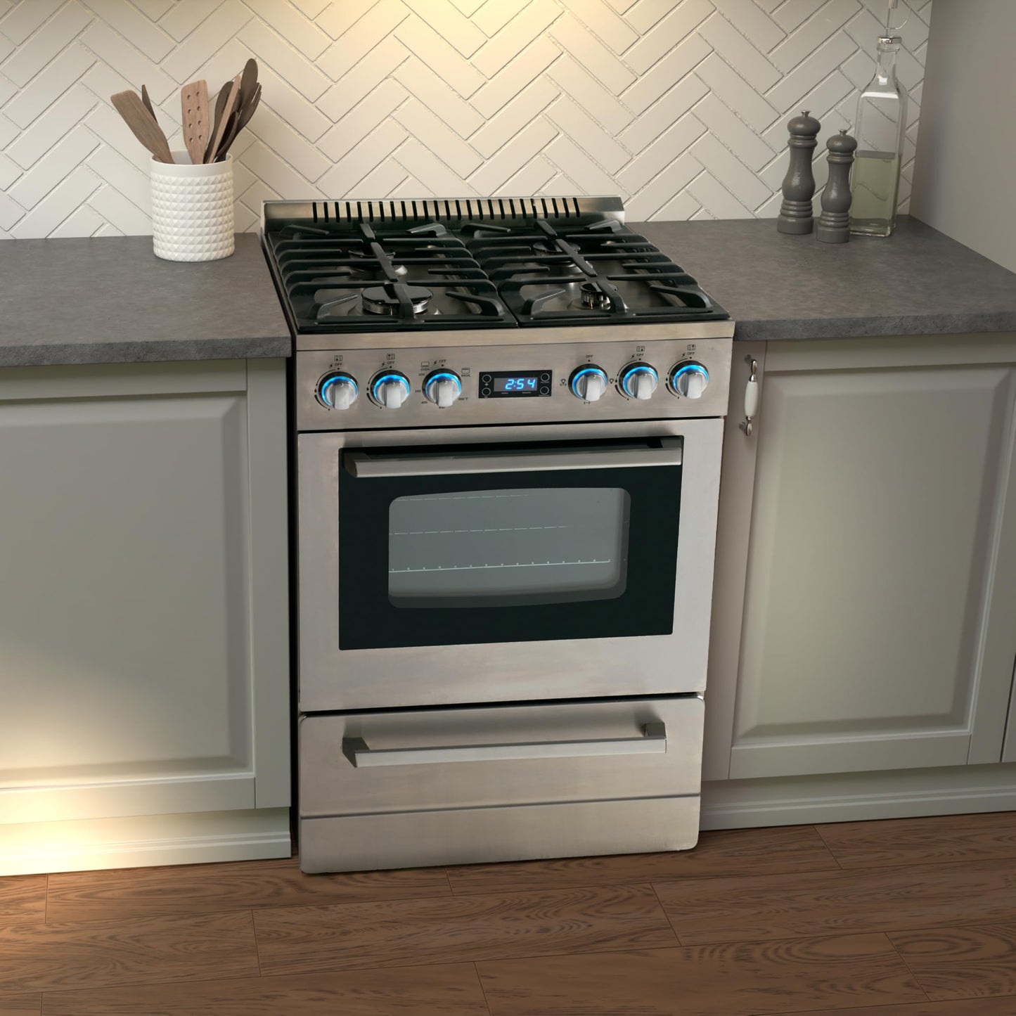 Avanti Gas Range Oven ELITE Series, Compact Freestanding Design, 2.6-Cu.Ft. Capacity 4 Sealed Burners with Electronic Ignition, Includes Broiler Storage Drawer and Accessories,24-Inch, Stainless Steel