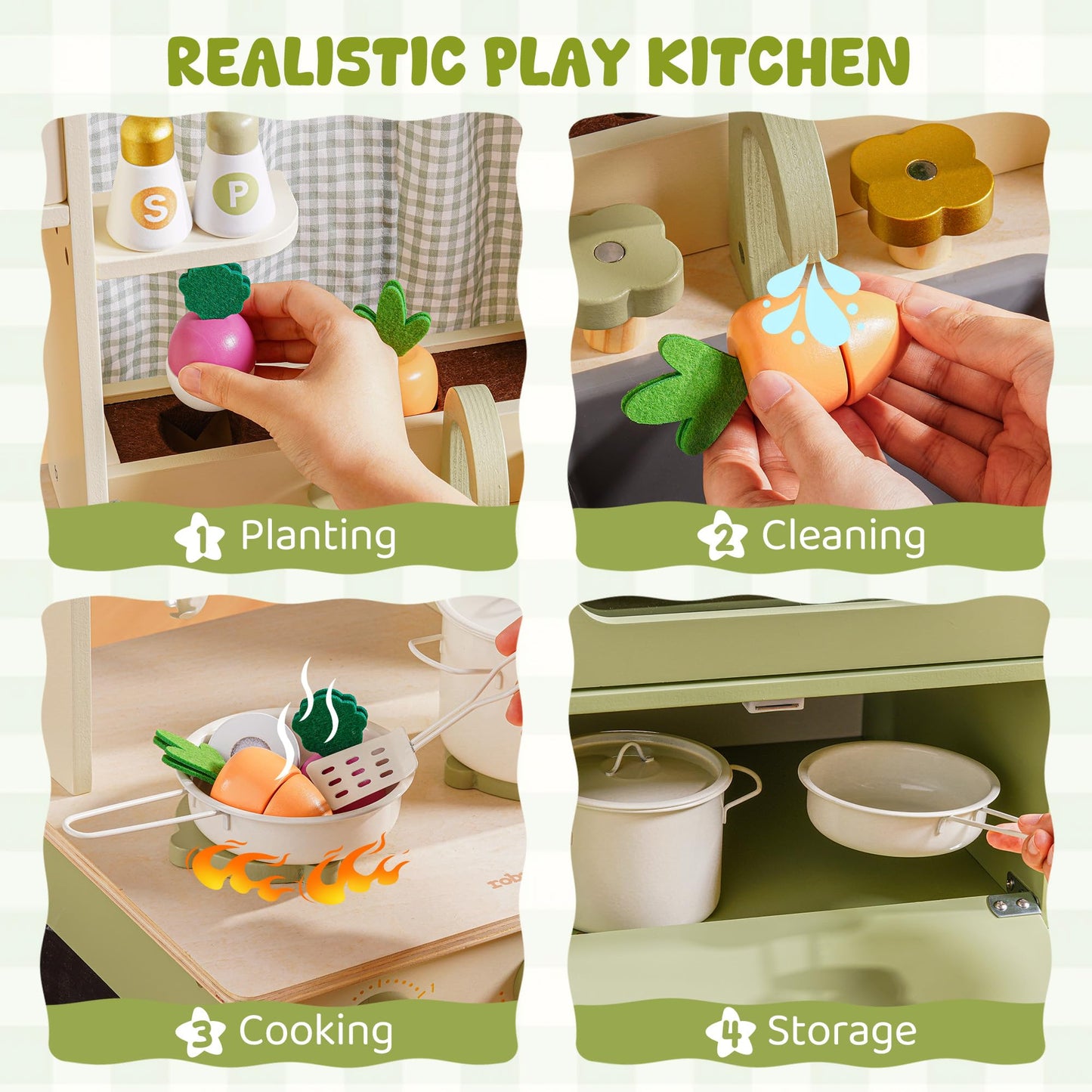 ROBUD Wooden Play Kitchen Set, Pretend Play Kitchen for Kids, Toy Kitchen with Microwave, Sink, Stove and Ice Maker, Toddlers Kitchen Playset Gift for Boys Girls, 3+ (Green)