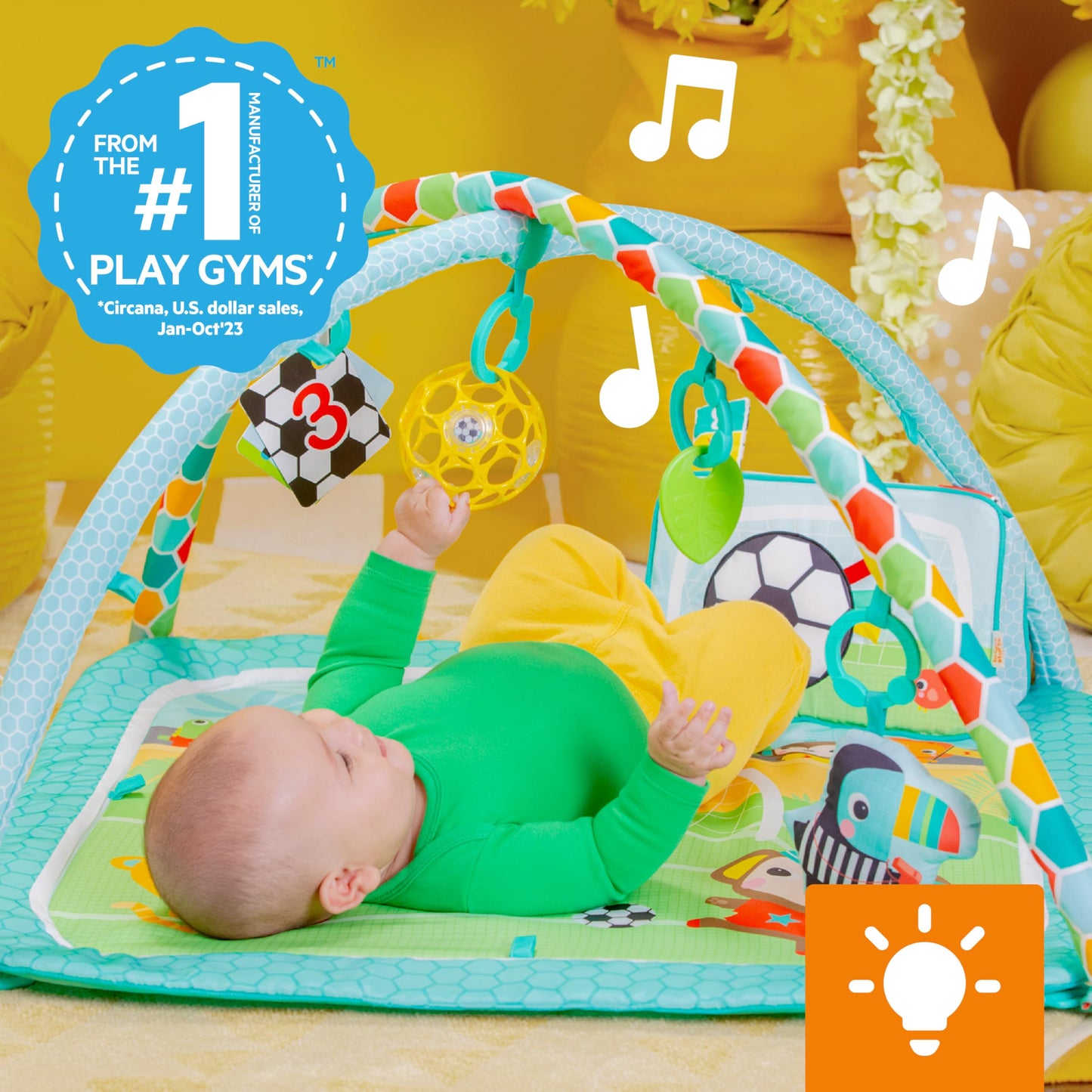 Bright Starts Grip & Kick Oball Activity Gym, Soccer Theme with Easy-Grasp Baby Toys, Baby Play Gym, Kick Pad with Activated Lights & Tummy Time Pillow, Unisex, Newborn+