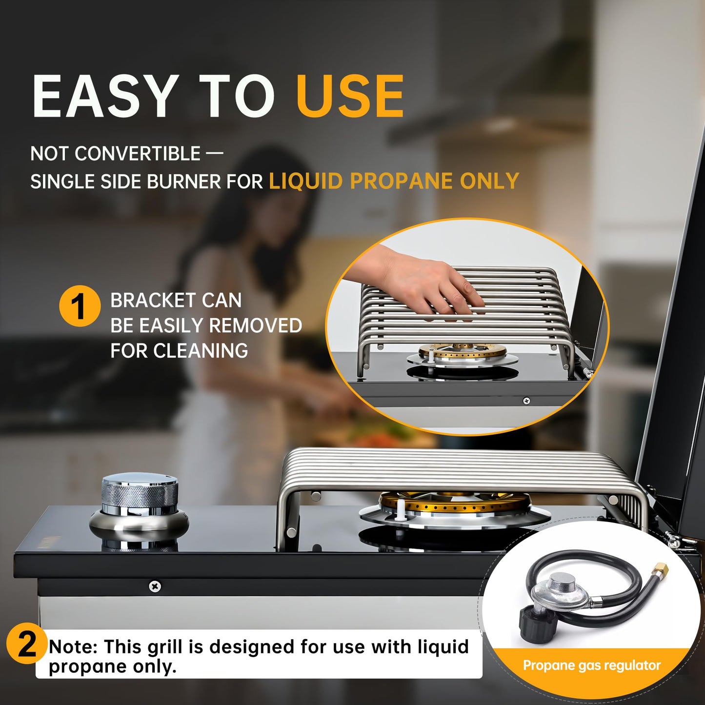 Built-in Single Side Grill Burner with Cover, Black 304 Stainless Steel Side Burner for Outdoor Kitchen, Propane & Natural Gas, Outdoor BBQ for Family Patio Parties