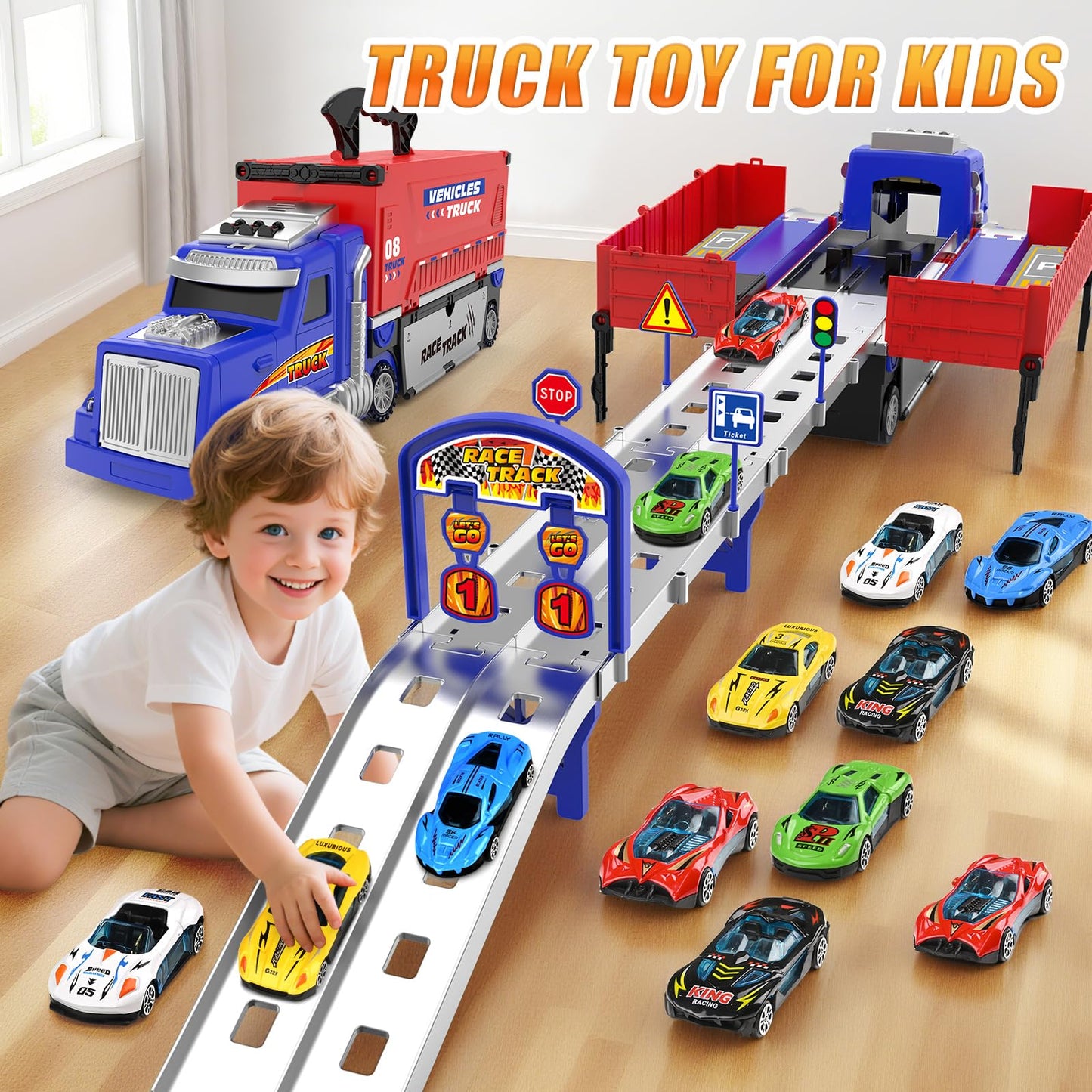 SpringFlower Carrier Truck Race Track Toys, Boy Toys for 3 4 5 6 Years Old Boys with Lights Sounds, Transporter Race Track with 6 Die-Cast Car, Vehicle Toy for Kids Birthday Gifts