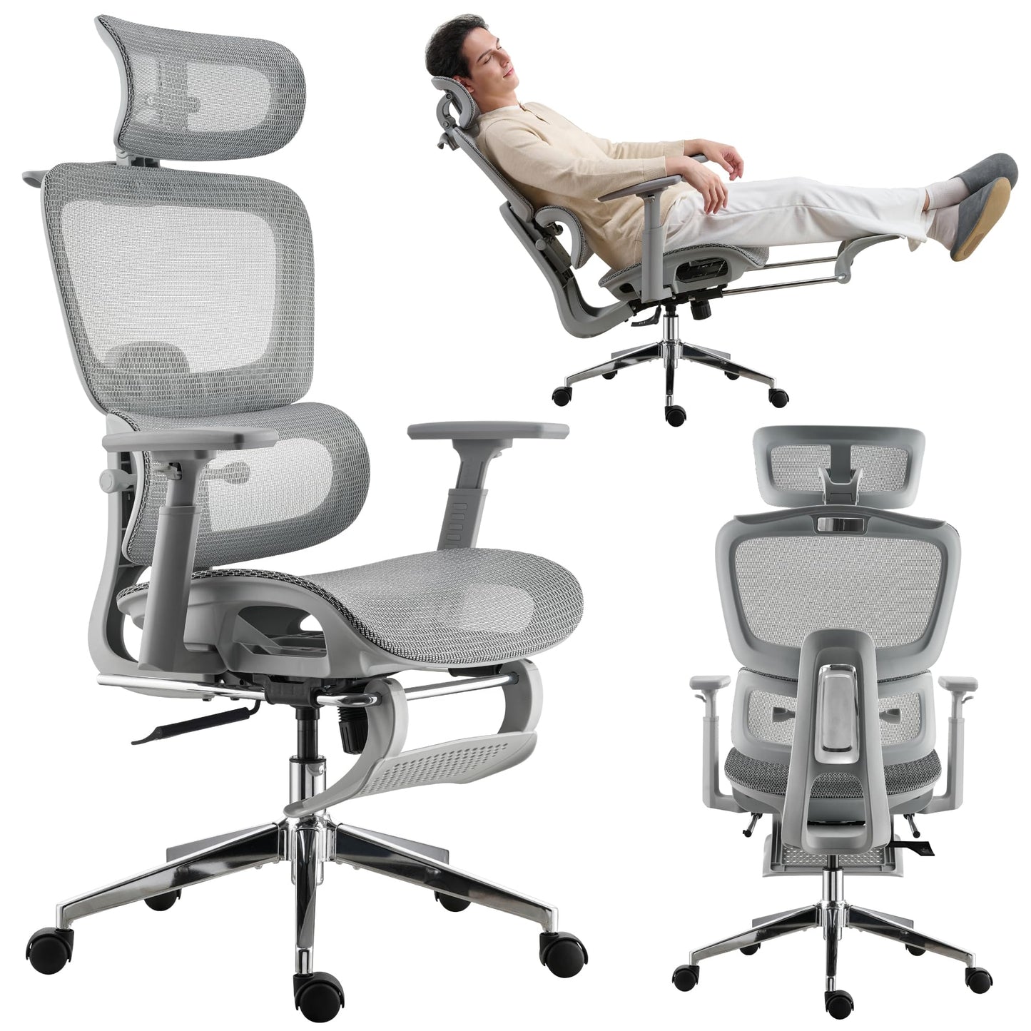 hujusko Mesh Ergonomic Office Chair with Footrest,High Back Mesh Gaming Chair with Lumbar Support,Adjustable Headrest and Armrests for Home Office Desk Chair (Modern, Grey)