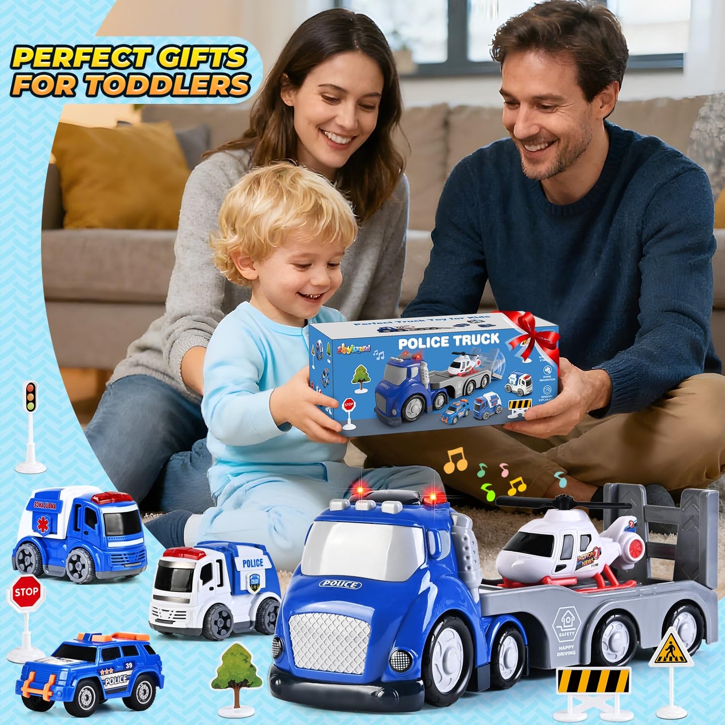 ShyLizard Toddlers Truck Toys,Boy Toys Gifts for 1 2 3 Years Old,5 in 1 City Police Transport Truck with Lights & Sounds,Ideal Birthday for Baby Toddler 12-18M+