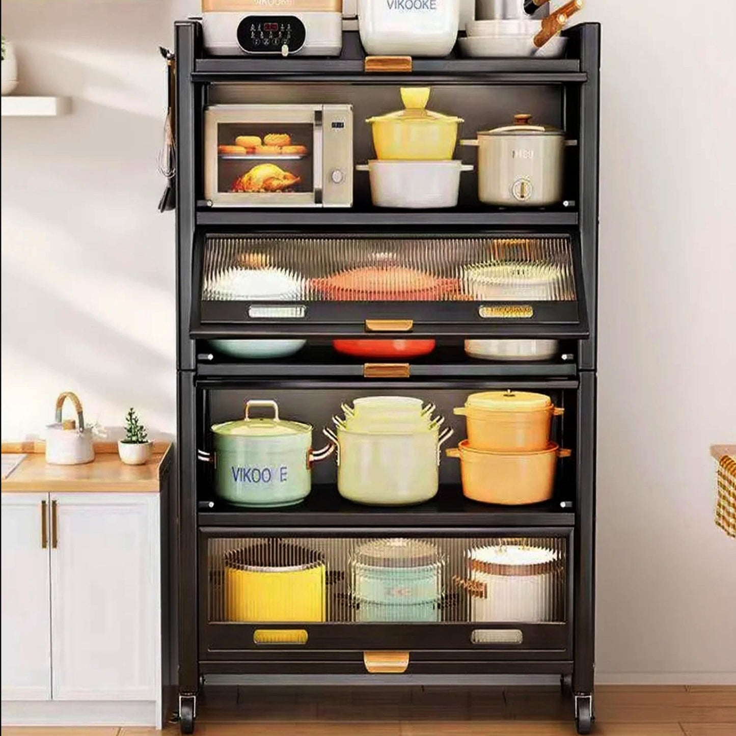 LXSJCYGJ 5-Tier Kitchen Storage Cabinet,Microwave Stand,Freestanding Kitchen Bakers Rack with 4 Rolling Casters,for Dining Room, Living Room and Study (Black, 12.6X 27.6X 57.3)