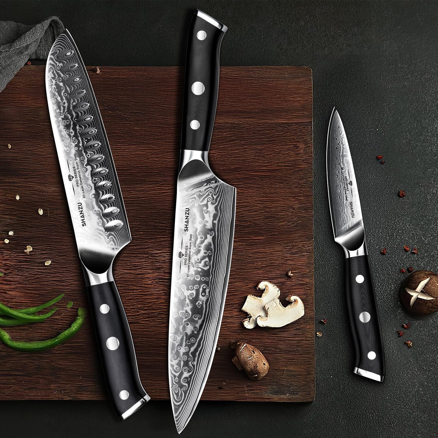 SHAN ZU Damascus Knife Set, Japanese Super Steel 3 PCS Damascus High Carbon Professional Ultra-Sharp Kitchen Chef Knife Set with G10 Handle Gift Box
