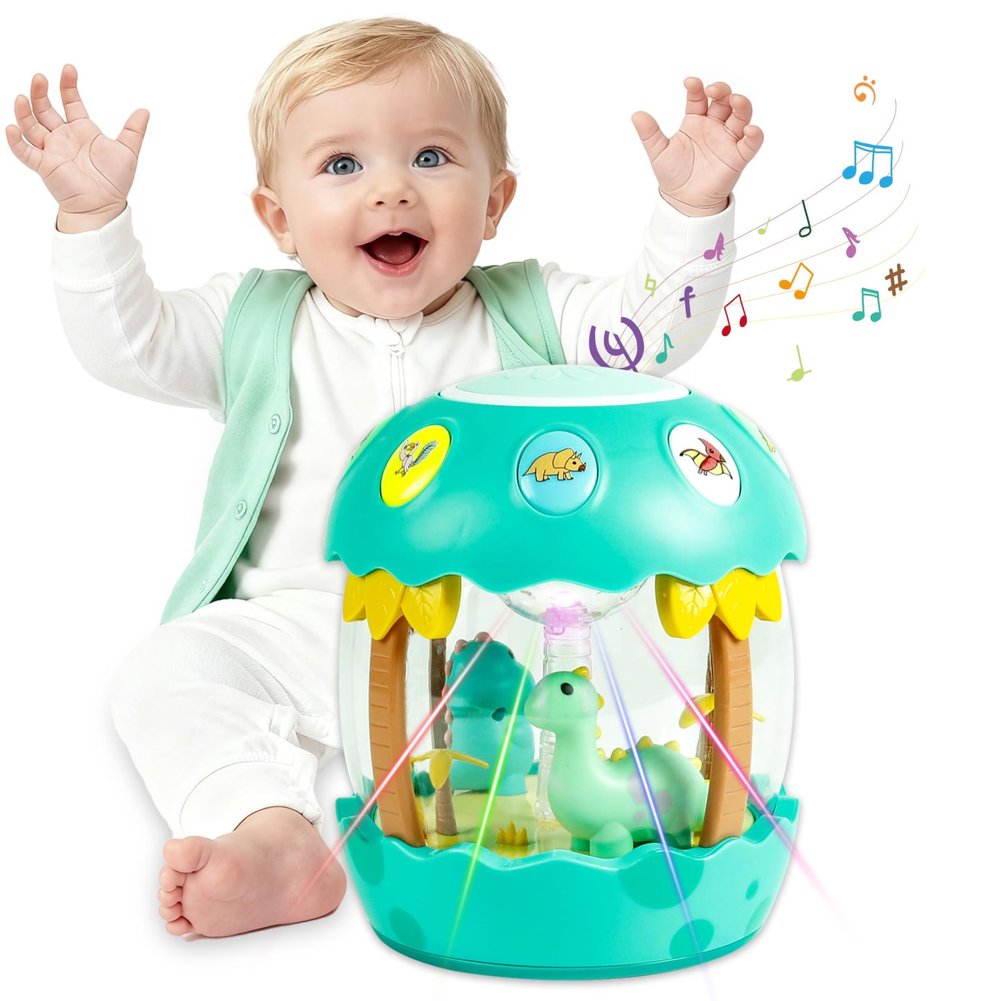 M SANMERSEN Baby Boy Toys 6-12 Months, Dinosaur Rotating Light Up Musical Baby Toys for 0-6 12-18 Months Newborn Infant Crawling Tummy Time Toys, Birthday Easter Gifts for Baby Boys- Green