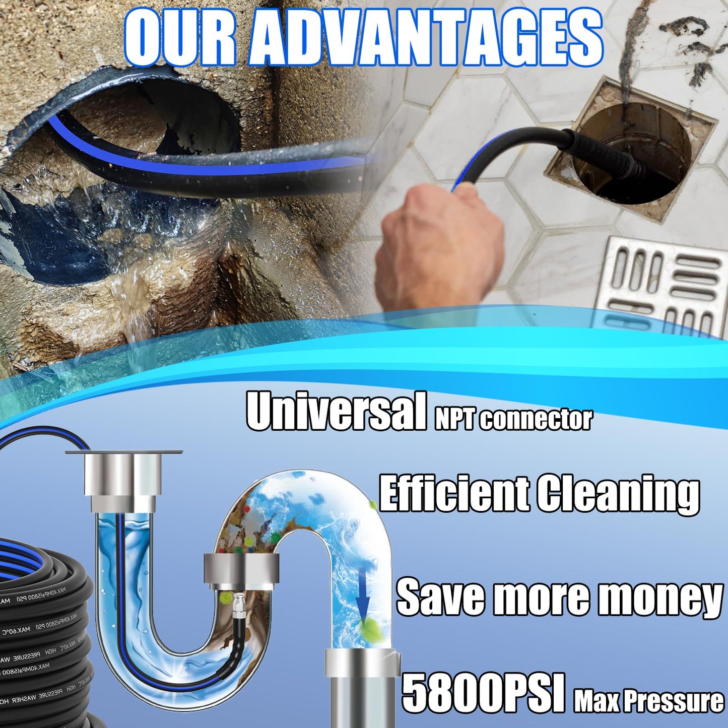 VIVIDWASH Sewer Jetter Kit for Pressure Washer(50FT),1/4" NPT Drain Cleaner Hose 5800PSI with 3 Sewer Jet Nozzles，Pearl Corsage Pin，Marking Ring,Spray Nozzle，Teflon Tape&Gloves
