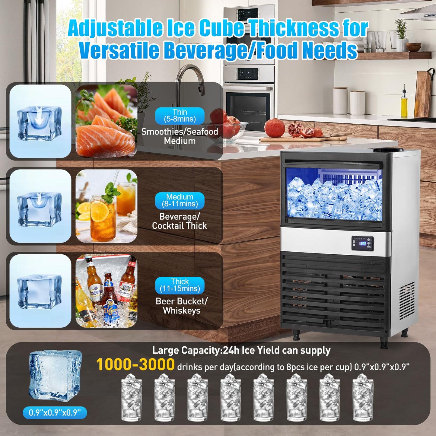 Commercial Ice Maker, 2 Water Inlet Modes, Ice Machine 120Lbs/24H with 30Lbs Storage Capacity, 60Pcs/Cycle Ice Cubes, Stainless Steel Freestanding Ice Machine for Home/Shop/Office/Bar