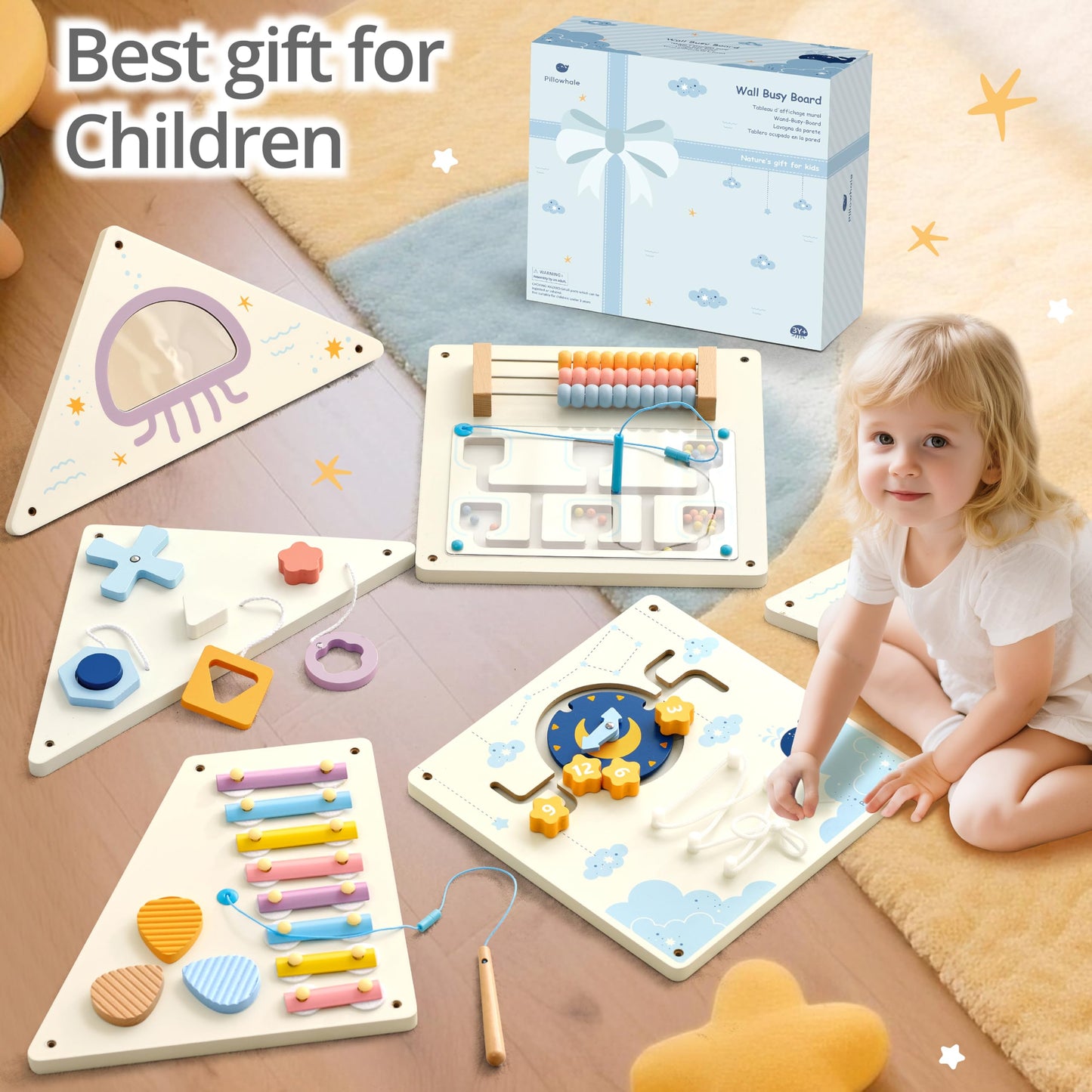 Pillowhale Tangram Activity Wall Busy Board Panels, 12-in-1 Learning Activity Center, Wooden Montessori Sensory Toys for Toddler Playroom, Nursery, Daycare, Classroom, Dentist Waiting Room
