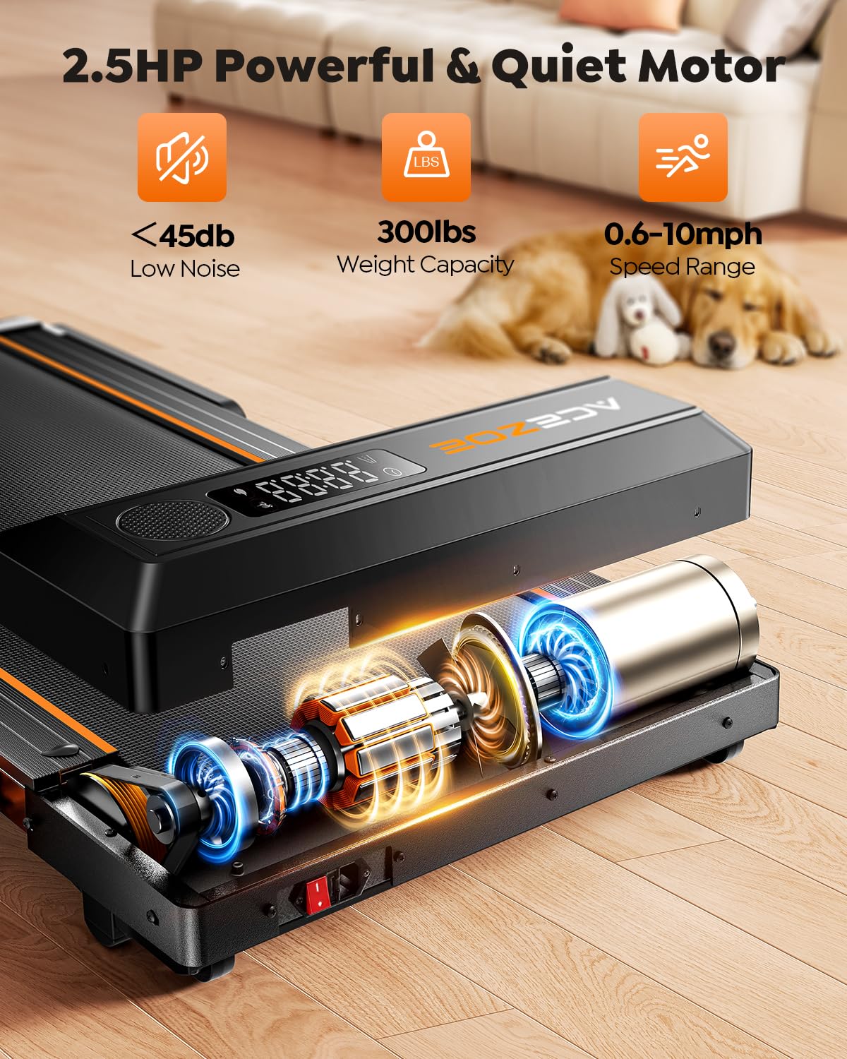 Acezoe Foldable Treadmill with 10% Incline, 2.5HP Walking Pad with Handle Bar, 300 lb Capacity Treadmills, Under Desk Treadmill with App & Bluetooth Speaker, 0.6-10MPH, LED, P10Pro Black Orange