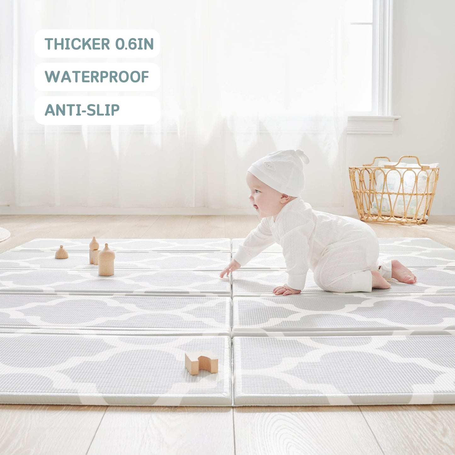 Fortella Extra Large Baby Play Mat for Playpens, 71.5”x70” Reversible & Waterproof, Certified Non-Toxic Foam Mat, 0.6” Thick Foldable Playmat with Travel Case for Tummy Time & Crawling, Indoor Outdoor