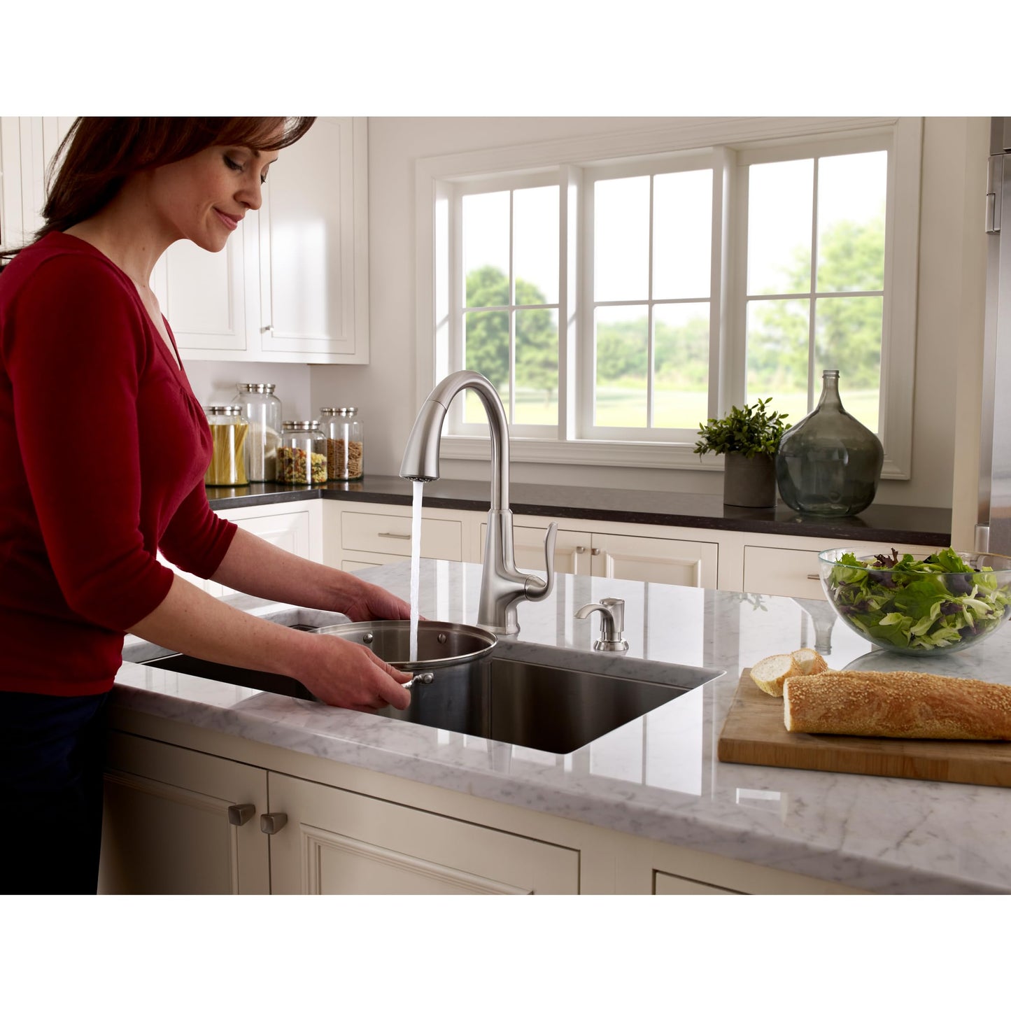 Pfister Pasadena Kitchen Faucet with Pull Down Sprayer and Soap Dispenser, Single Handle, High Arc, NSF Certified, Stainless Steel Finish, F5297PDS