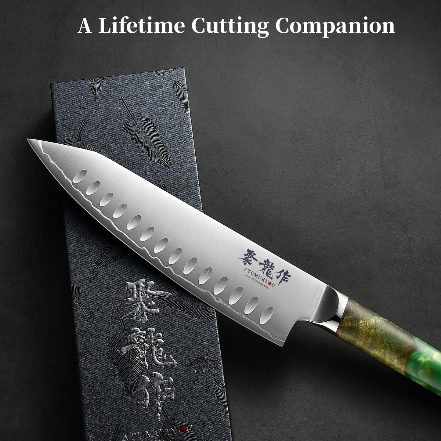 Japanese Chef Knife with SG2 Powder Steel, 8 Inch Professional Kitchen Knives, Handcrafted Kiritsuke Knife with Unique Jade Green Ergonomic Handle, Superior Edge Retention & Exceptional Durability