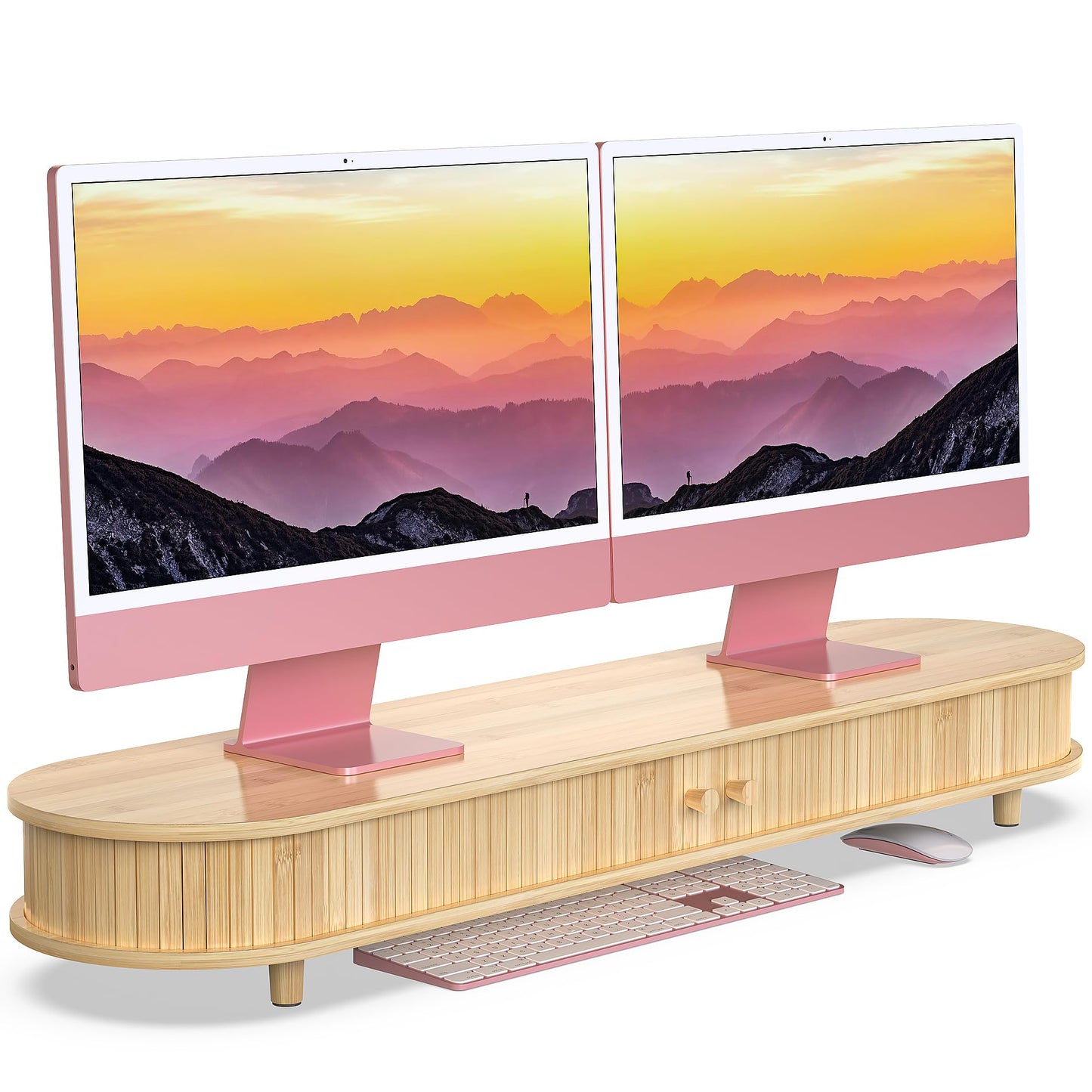 WELL WENG Bamboo Dual Monitor Stand with Storage, Curved Double Computer Laptop Stand Desk Shelf Organizer with Sliding Doors (42 inch)