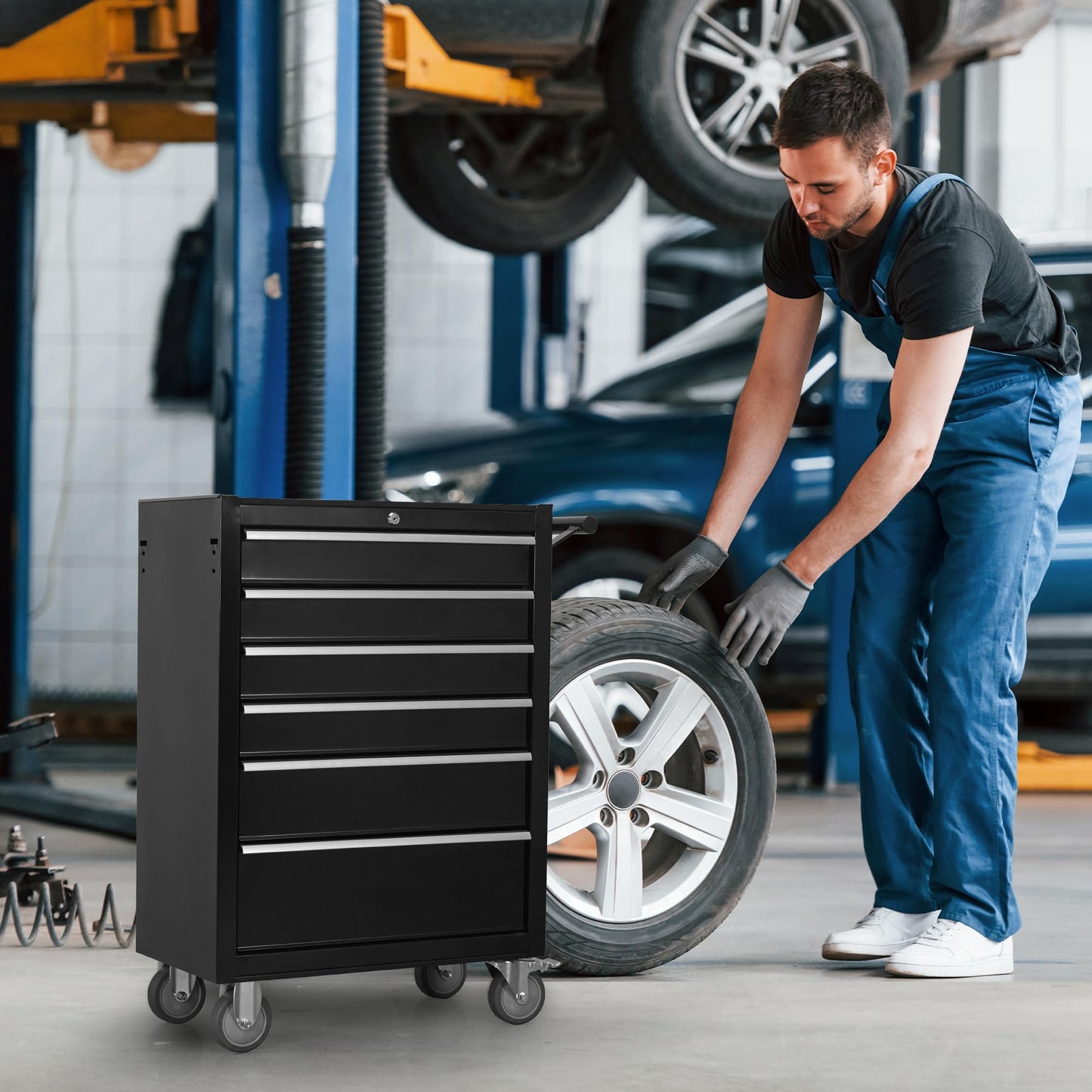 QSOSTNS 6-Drawer Rolling Tool Chest Cabinet, Large Capacity Metal Tool Box with Wheels and Keyed Locking, Roll Around Storage Organizer Tool Cart for Garage, Warehouse, Work Shop (Black)