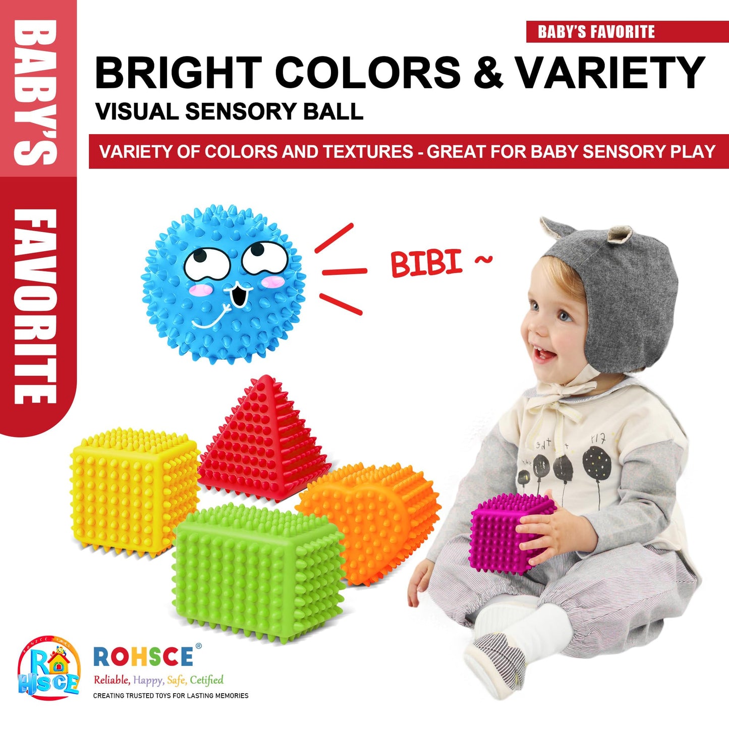 ROHSCE Sensory Balls Baby Teething Toys 6-12 Months, Soft Spiky Textured Multi Ball Set for Boys & Girls 1-3, BPA Free Montessori Tactile Development, 3 Pcs