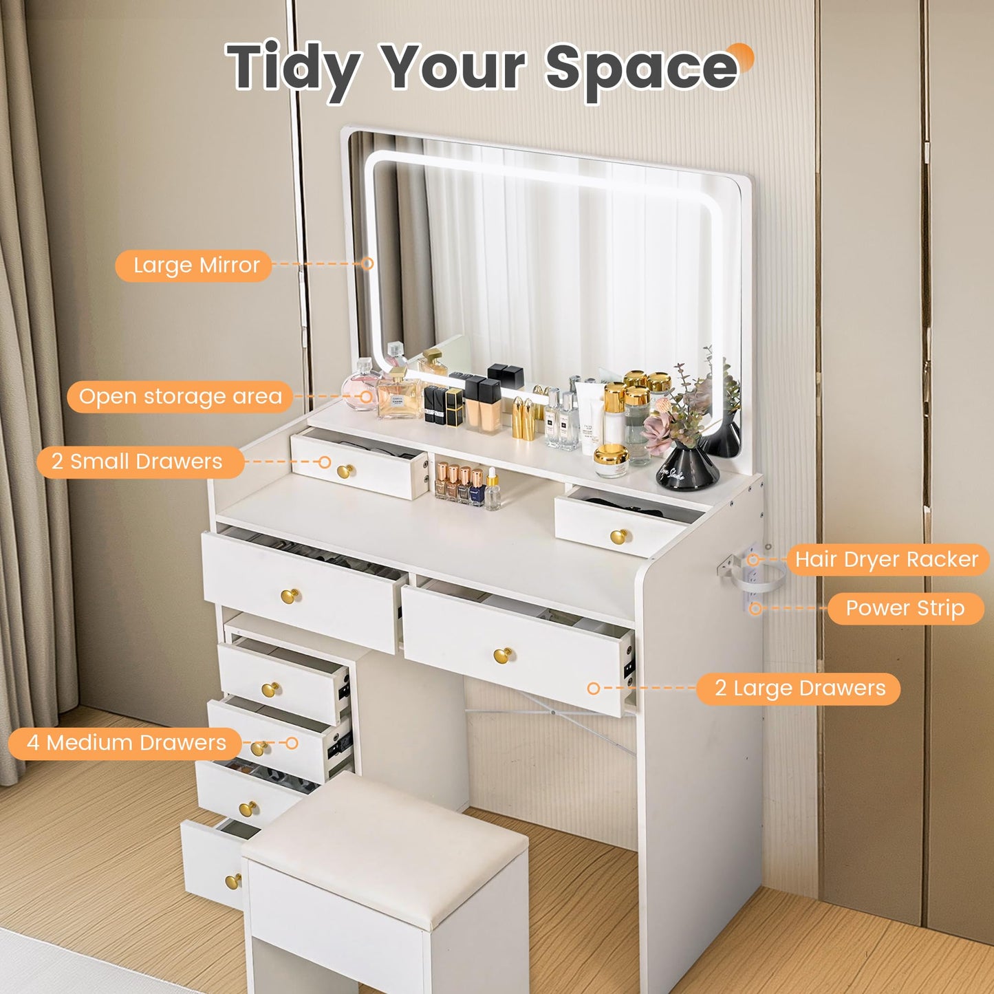 Pamapic Mobile File Cabinet Vanity Desk with Mirror and Lights, 8 Drawers Makeup Vanity Desk with Lights and Upgraded Silent Slides, 3 Lighting Modes Makeup Vanity with Charging Station, White
