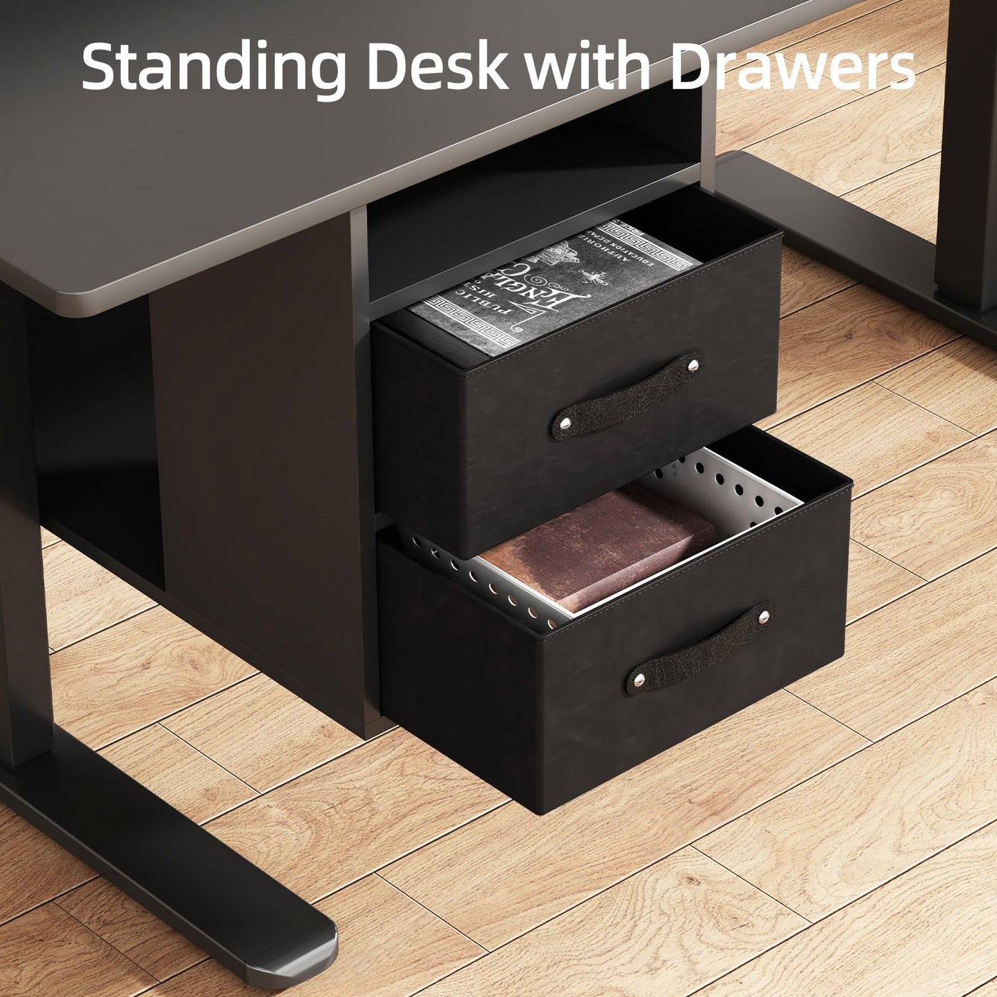 55x24 Inches Standing Desk with Drawers, Electric Computer Desk with Open Storage Shelf, Stand Up Desk, Adjustable Height 28-46 Inches for Home and Computer Workstation, Black