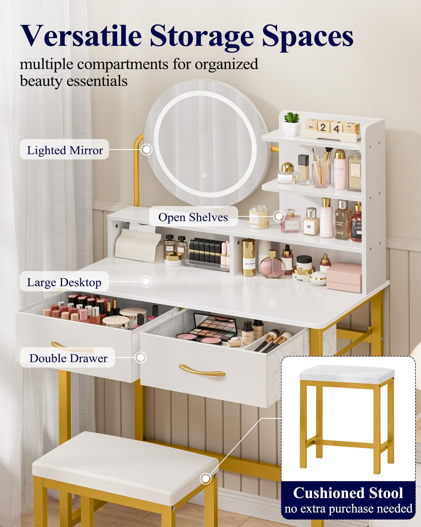 Kitsure Vanity Desk with Mirror and Lights - 3 Mode Lighted Makeup Vanity for Girls, Anti-Tipping Small Vanity with Chair for Bedrooms, Dressing Rooms, Walk-in Closet, Gold, 31.5" x 17.7" x 50.6"