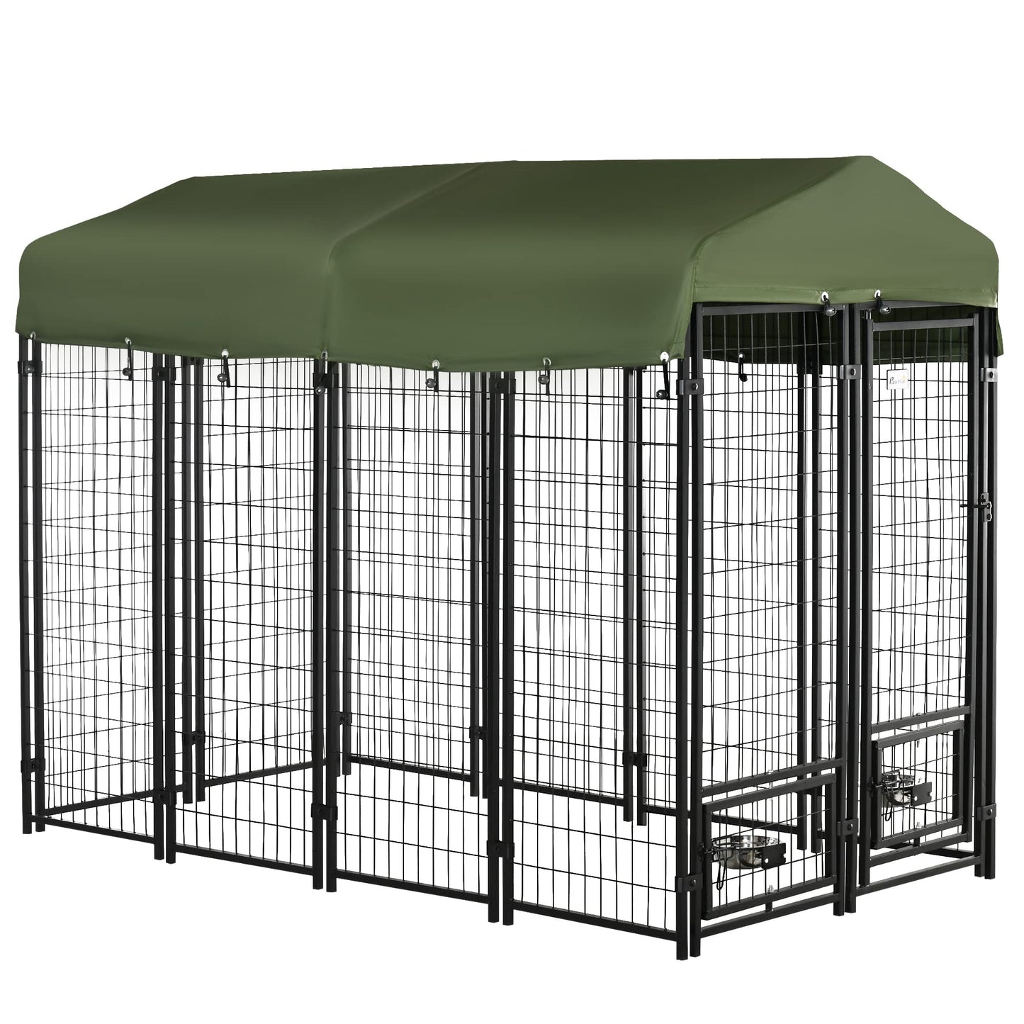 PawHut 8' x 4' x 6' Dog Kennel Outside, Welded Wire Outdoor Dog Kennel Run with 360° Rotating Bowls, Waterproof & UV Resistant Cover, for S&M&L Breeds, Chickens, Ducks, Green