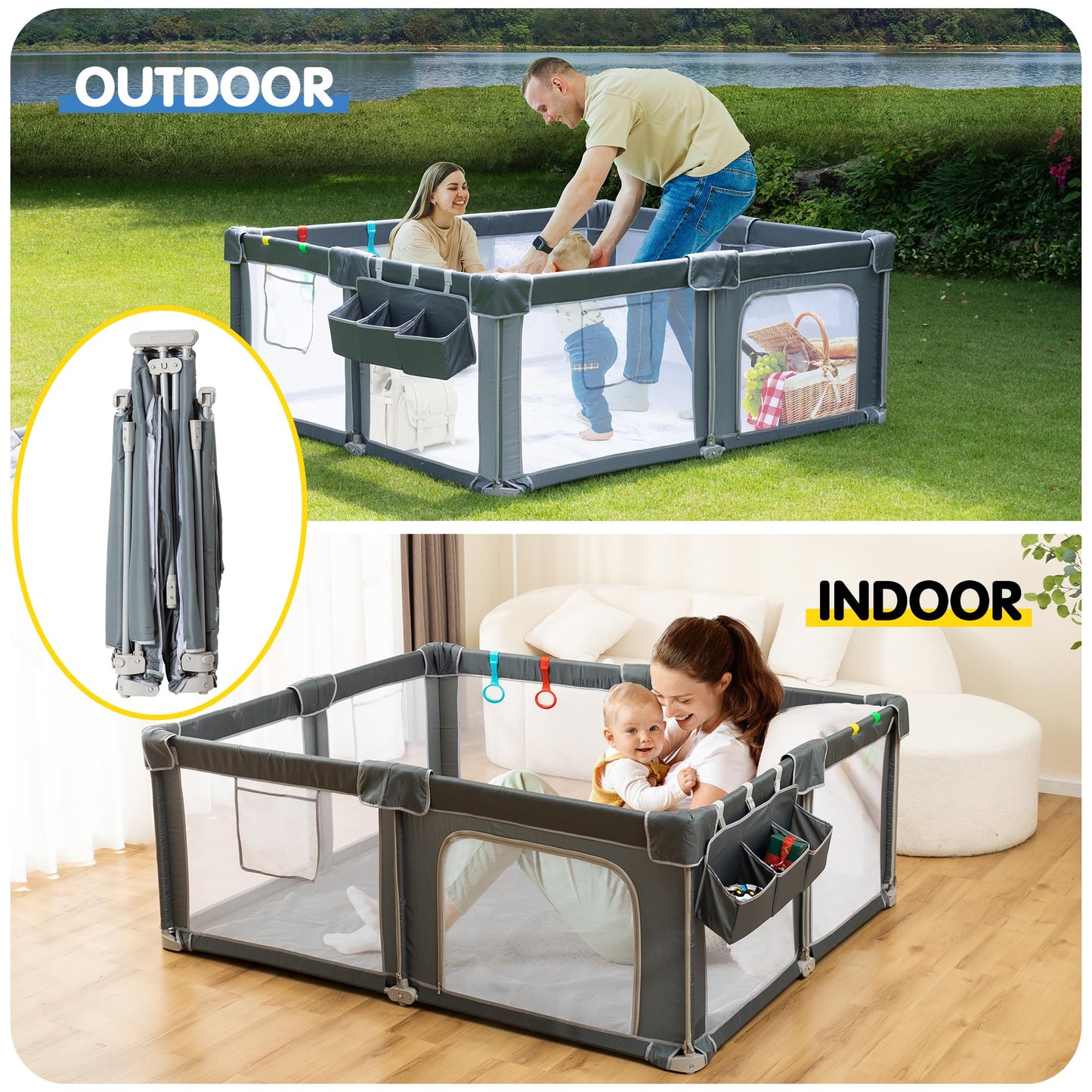 CAPAKIDS Foldable Baby Playpen 59"×71", Out-of-The-Box Ready Playpen for Babies and Toddlers, Portable Play Yard with Breathable Mesh & Gates, Storage Bag & 4 Handlers for Indoor & Outdoor
