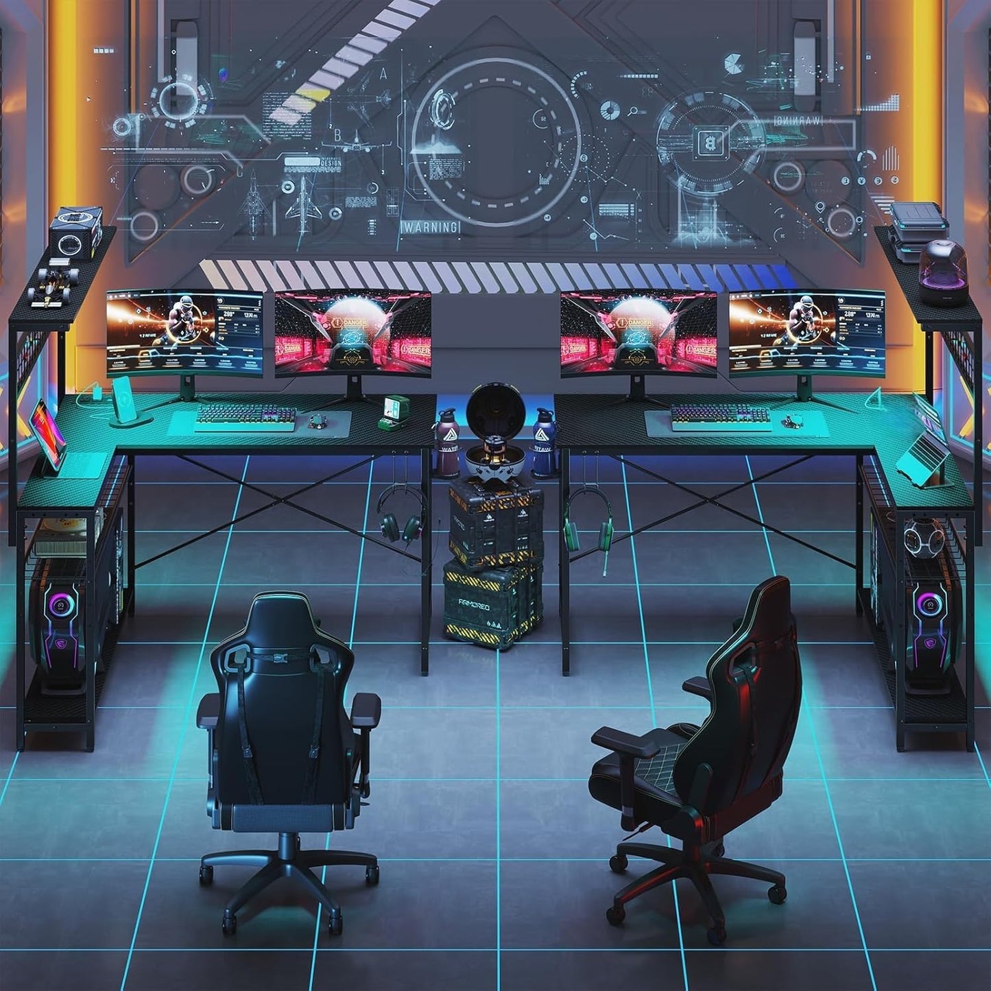 Bestier Gaming Desk 51" L-Shaped, with Power Outlets & LED Lights- 4 Tier Shelves, Reversible Gamer Table with Hooks & Cup Holder for Home Office Carbon Fiber Black
