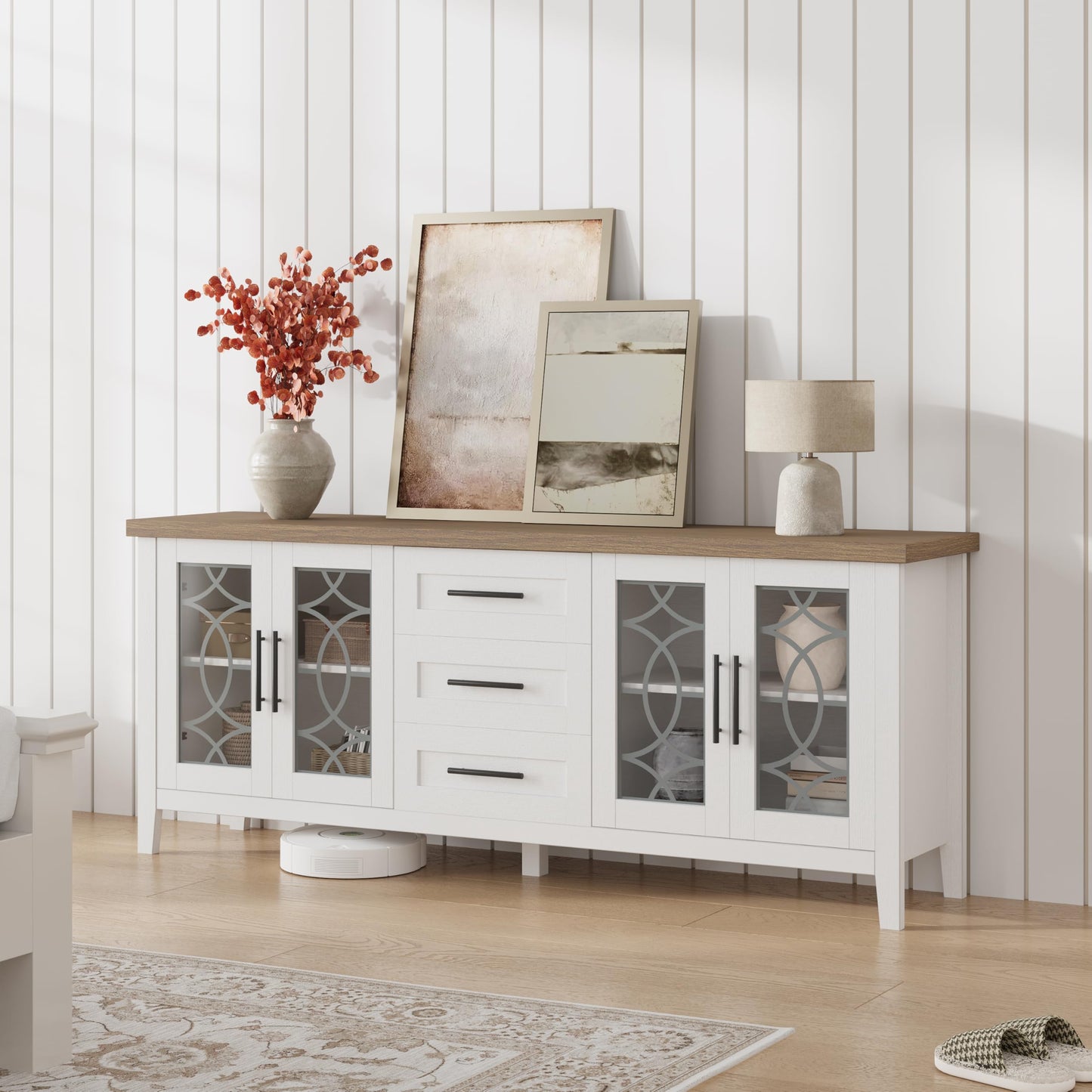GarveeHome Farmhouse TV Stand with Glass Door for 70 Inch Tv, Mid Century Modern Entertainment Center for Living Room, Rustic Television Stands 2 Storage Door & 3 Drawer for Bedroom (Classic White)
